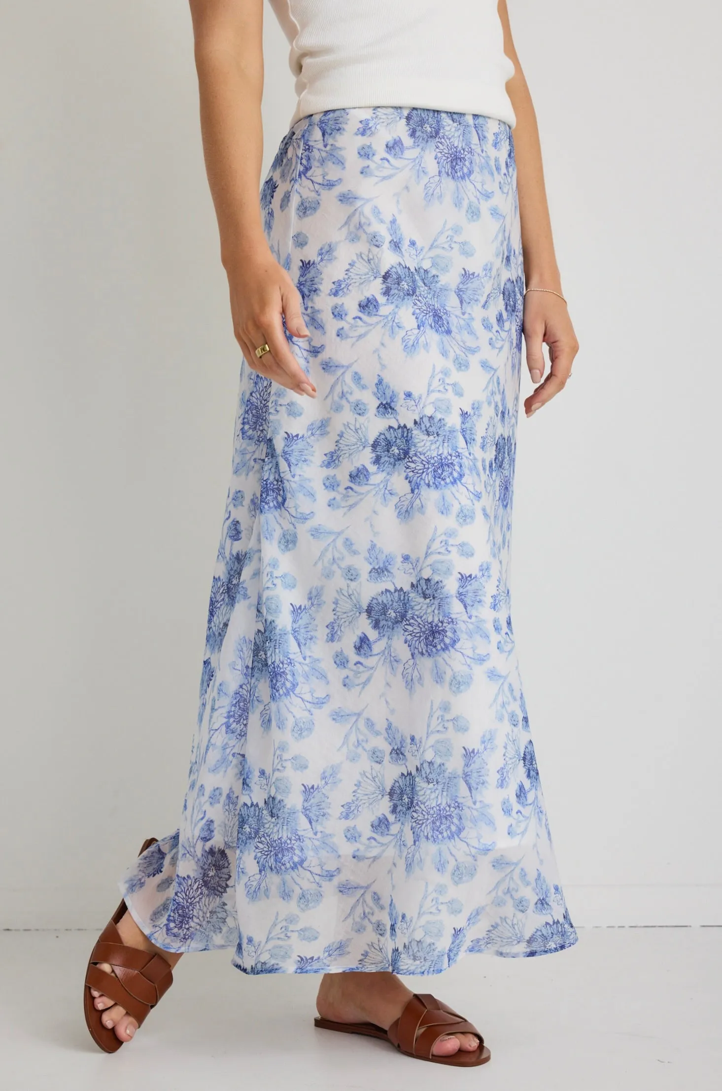 Haven Blue Floral Bias Cut Floaty Maxi Skirt