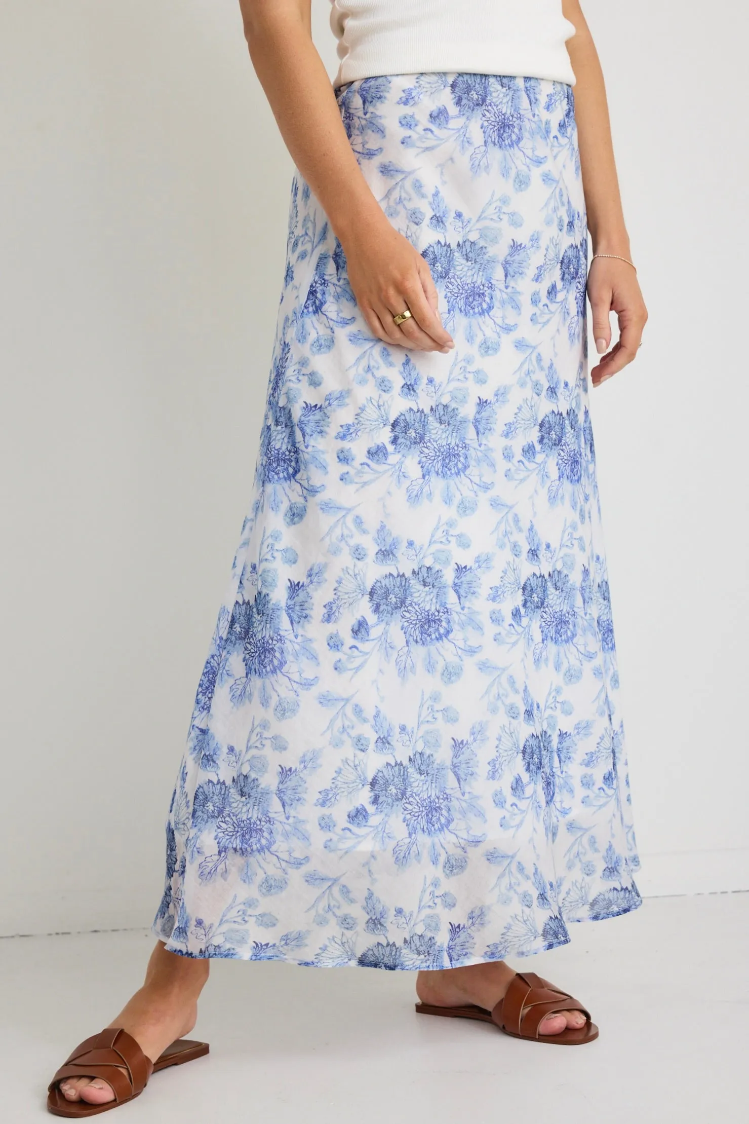 Haven Blue Floral Bias Cut Floaty Maxi Skirt