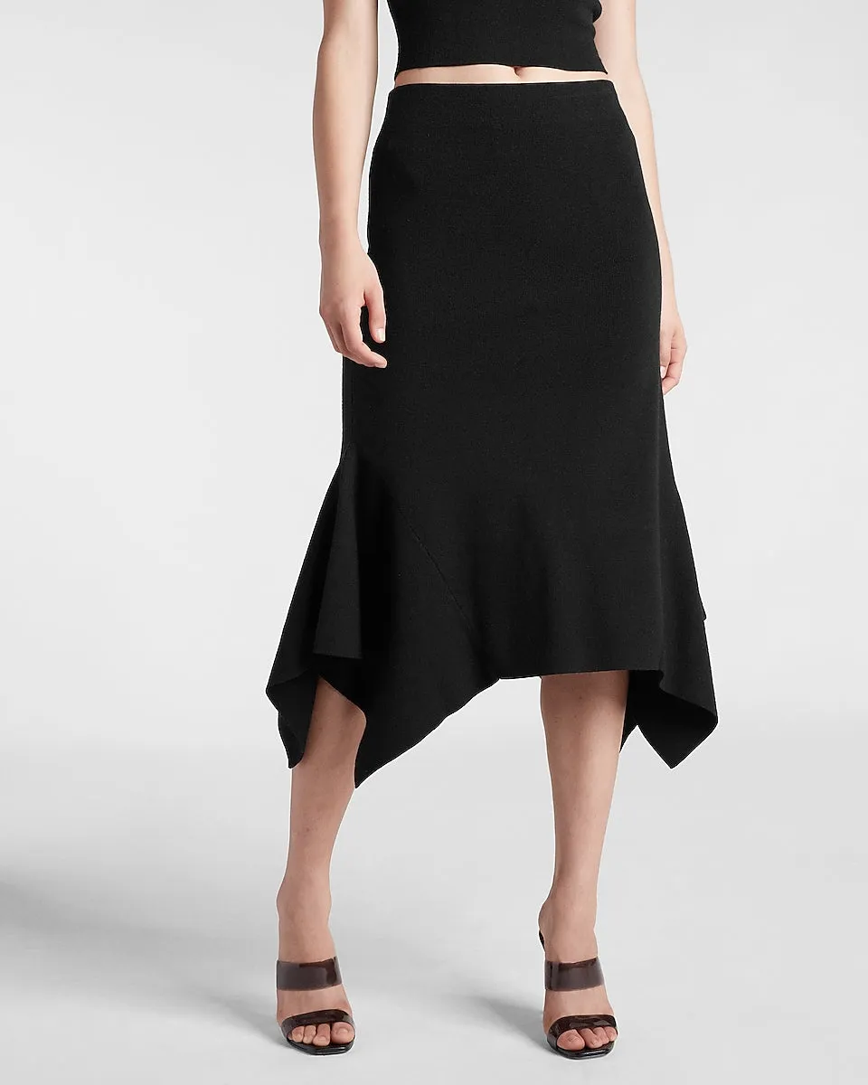 High Waisted Ribbed Flounce Hem Midi Sweater Skirt in Pitch Black