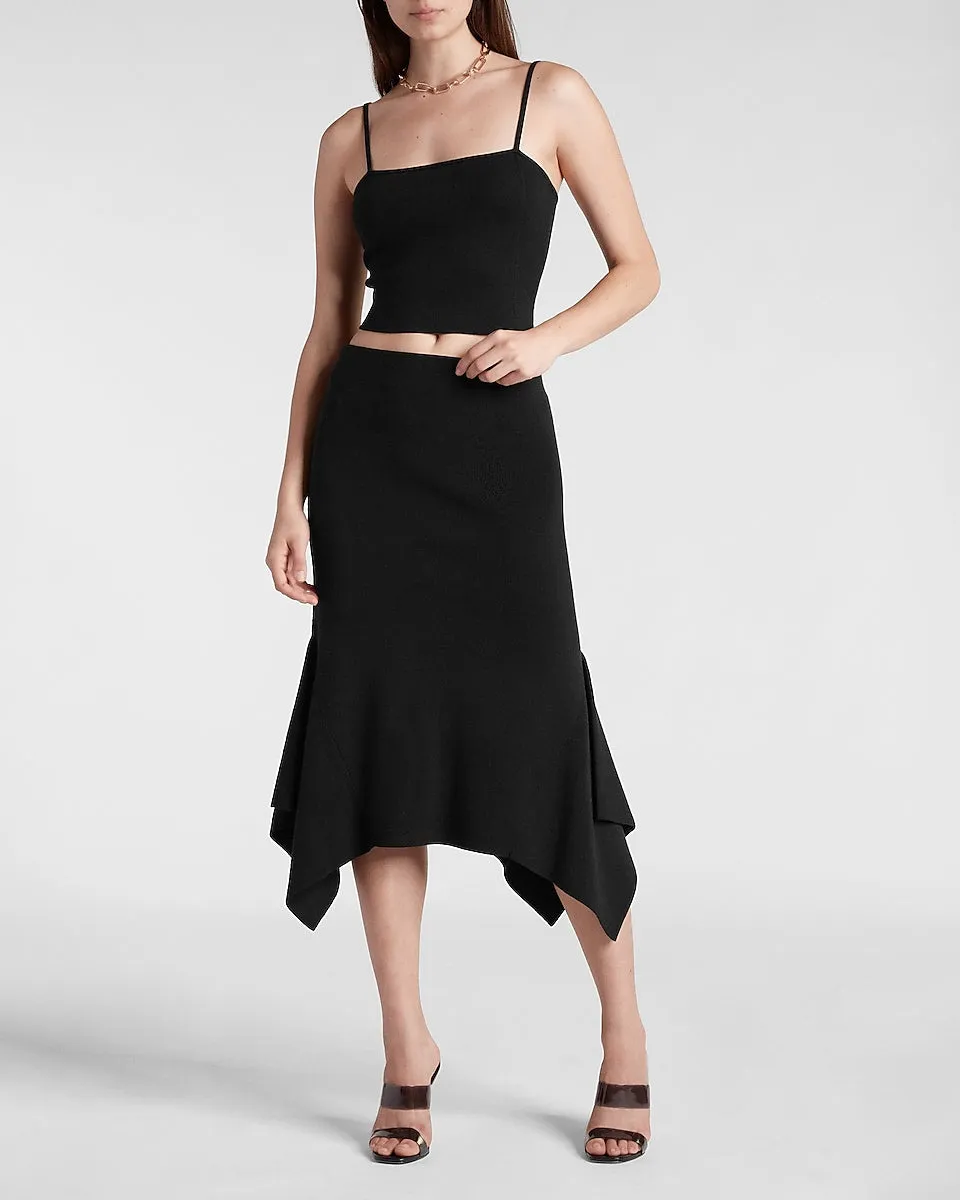 High Waisted Ribbed Flounce Hem Midi Sweater Skirt in Pitch Black