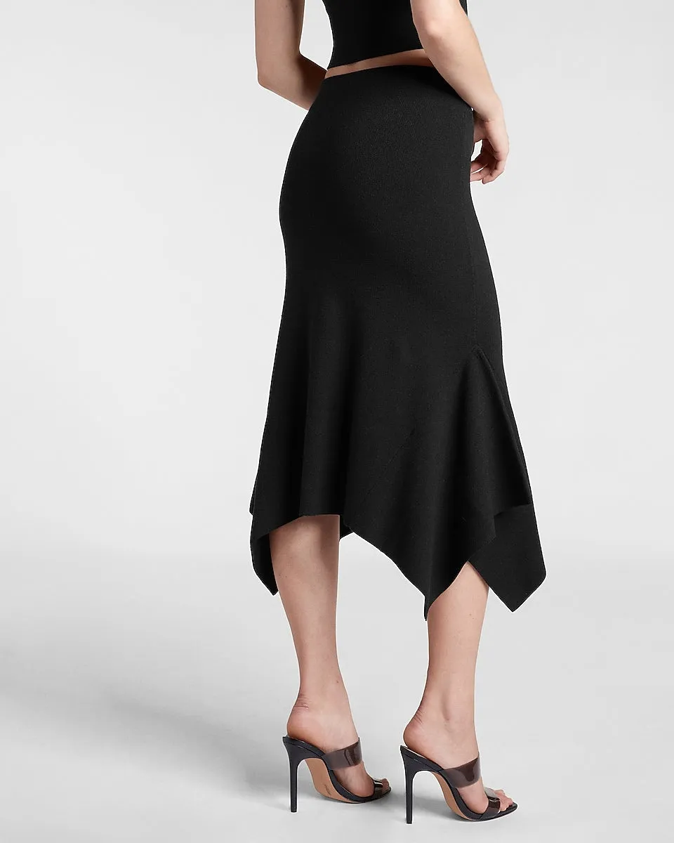 High Waisted Ribbed Flounce Hem Midi Sweater Skirt in Pitch Black