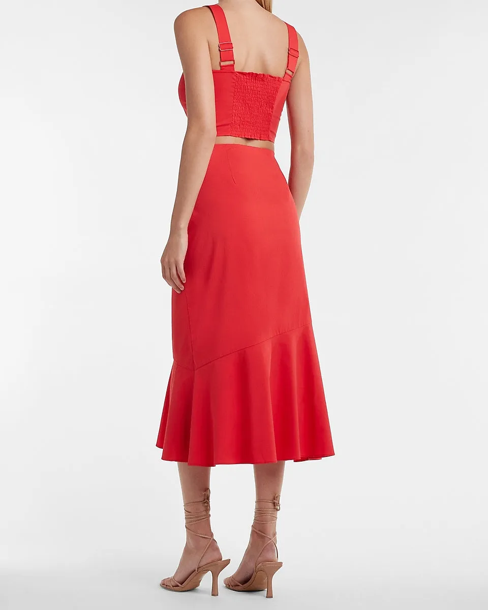 High Waisted Ruffle Midi Skirt in Tomato Red