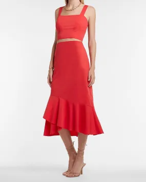 High Waisted Ruffle Midi Skirt in Tomato Red