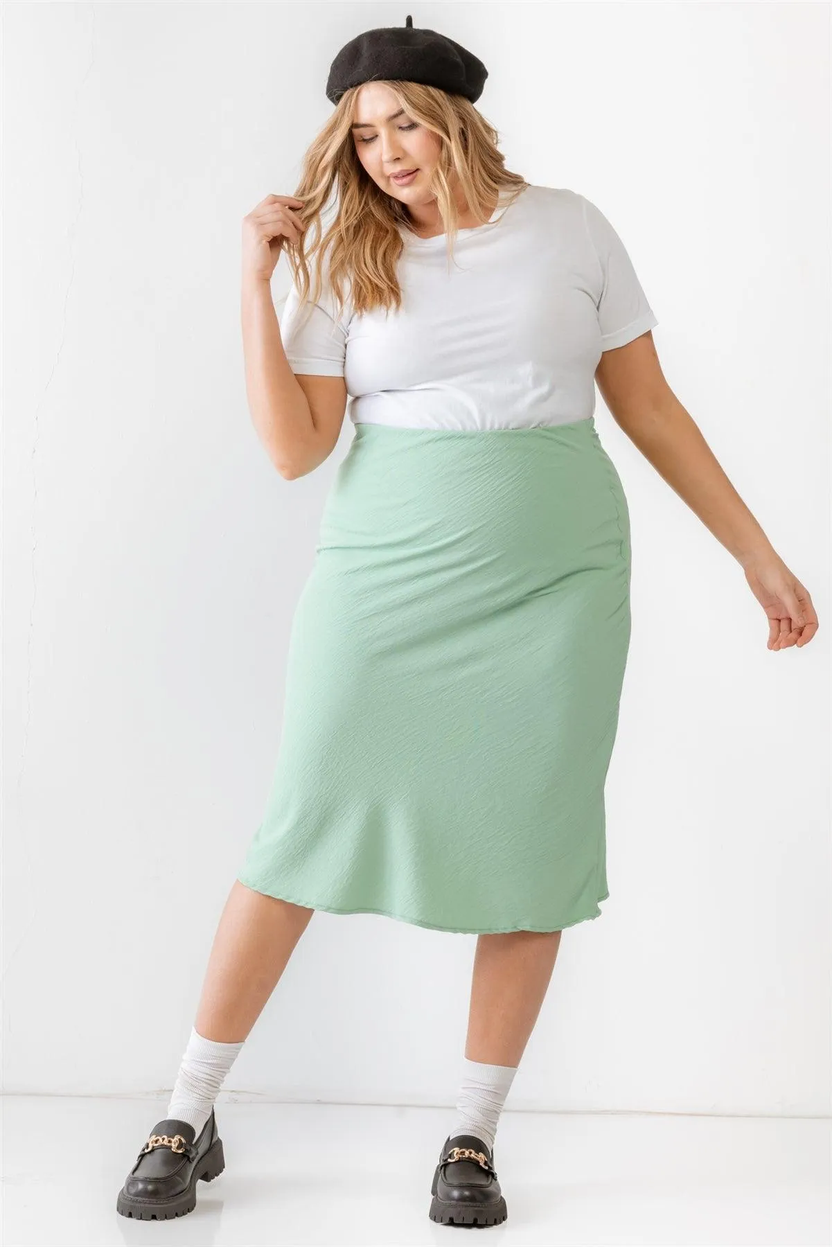 Junior Plus Sage Textured Elastic High Waist Midi Skirt /2-1-1