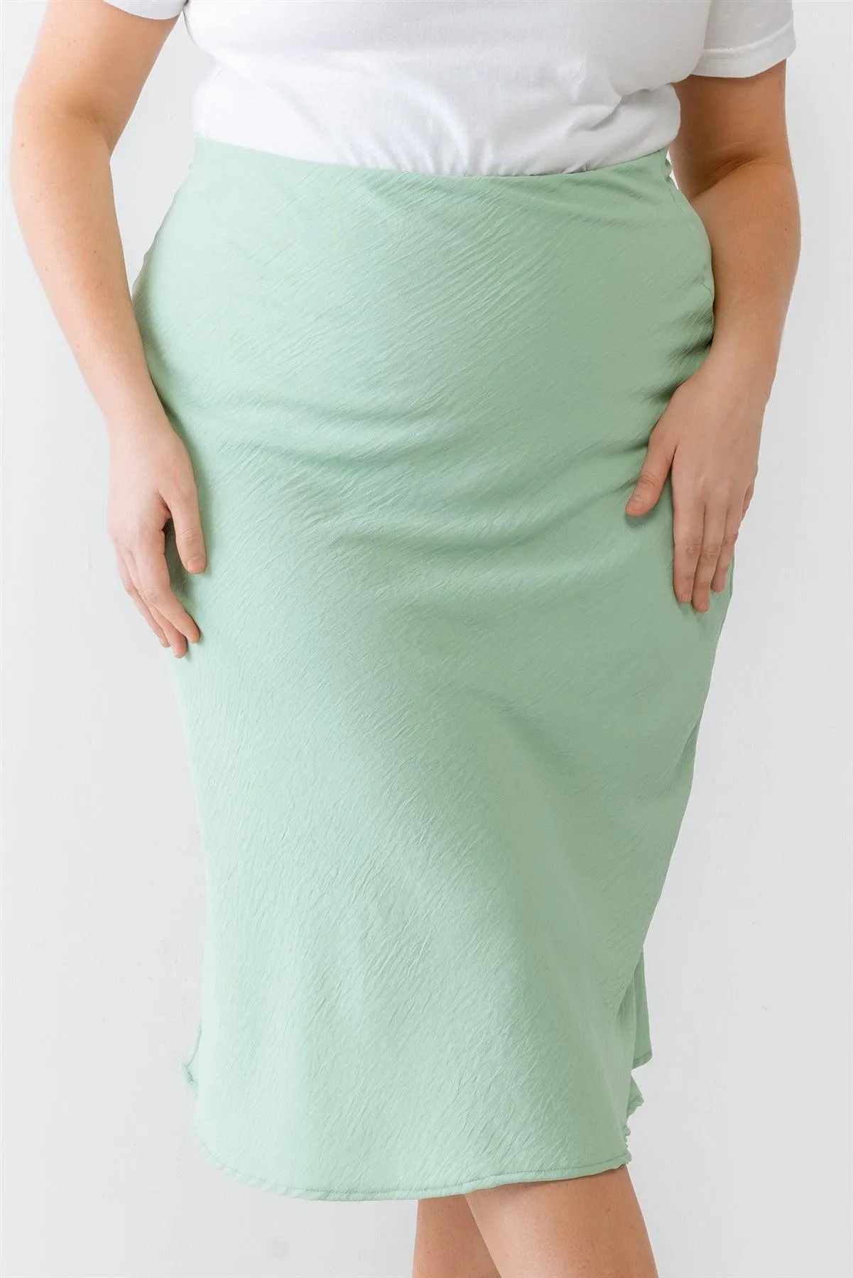 Junior Plus Sage Textured Elastic High Waist Midi Skirt /2-1-1