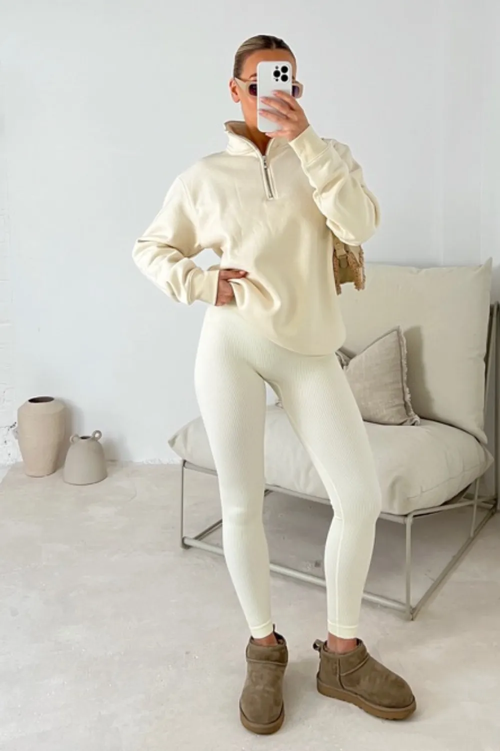 Kallie ecru 3/4 zip sweater and ribbed legging set