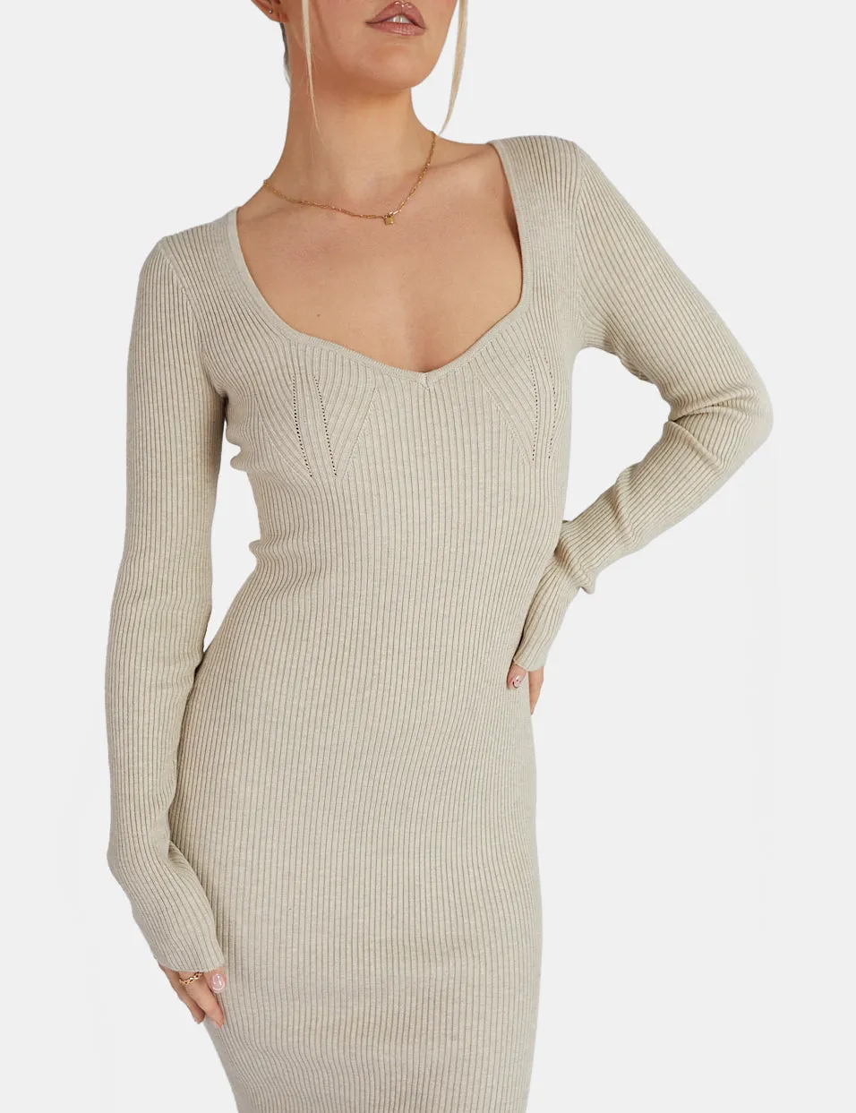 Knitted Off Shoulder Midi Dress Oatmeal Marl