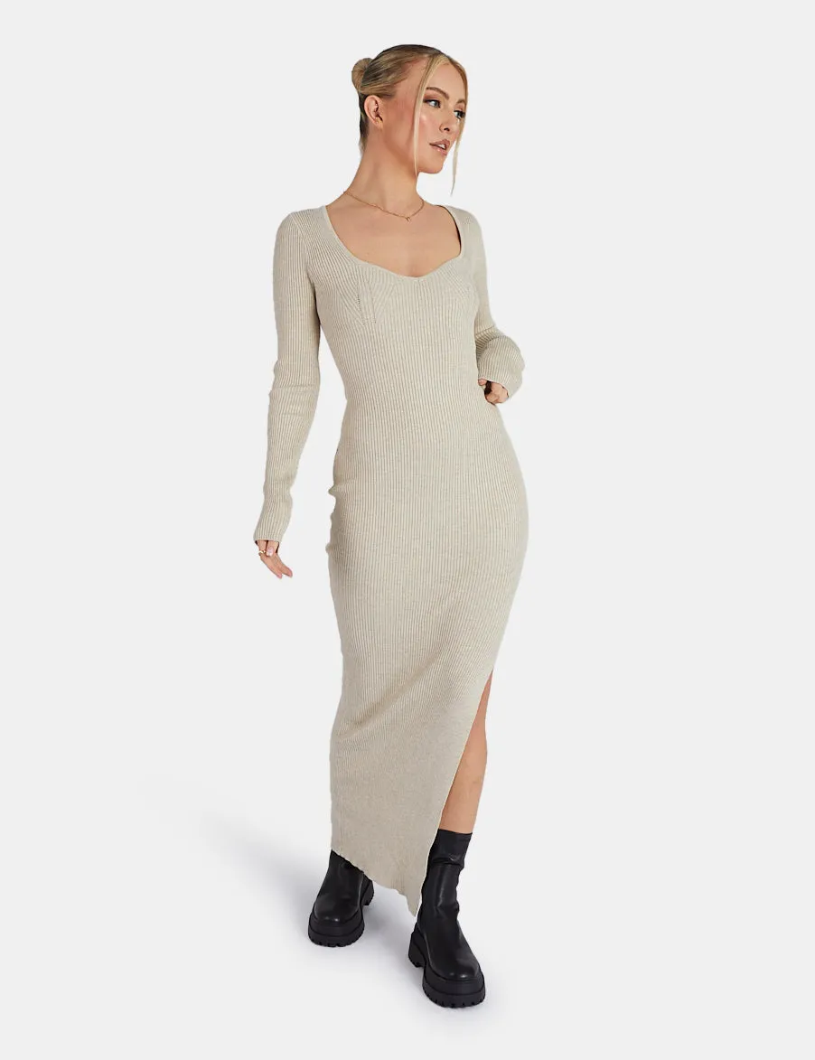 Knitted Off Shoulder Midi Dress Oatmeal Marl
