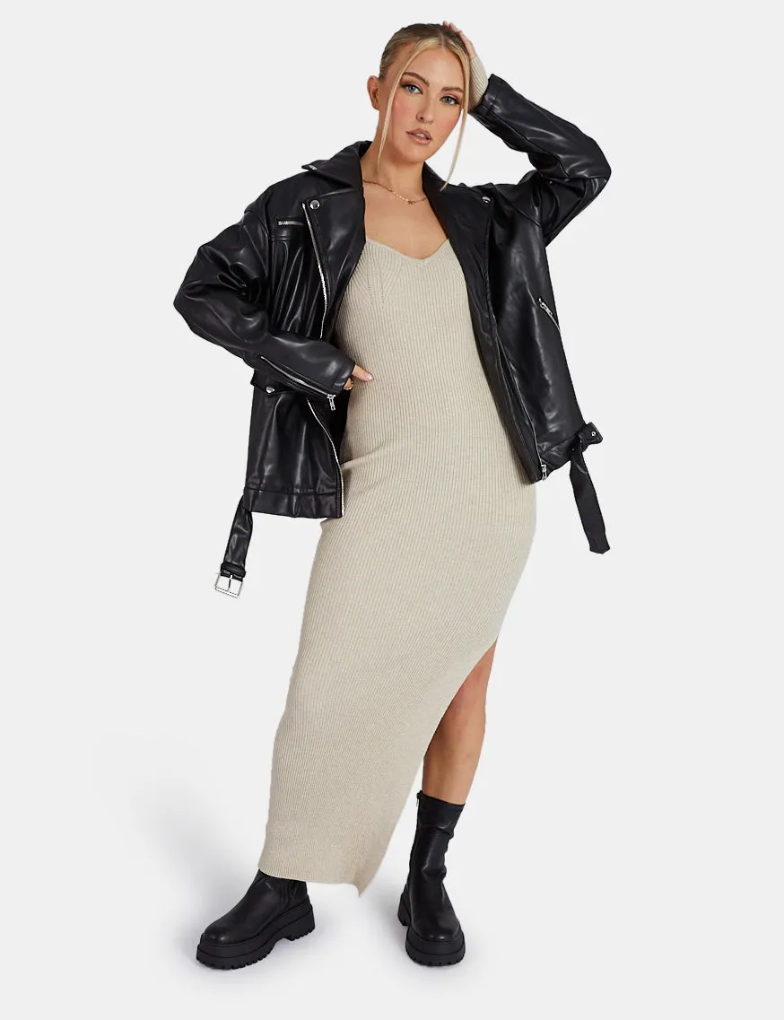 Knitted Off Shoulder Midi Dress Oatmeal Marl