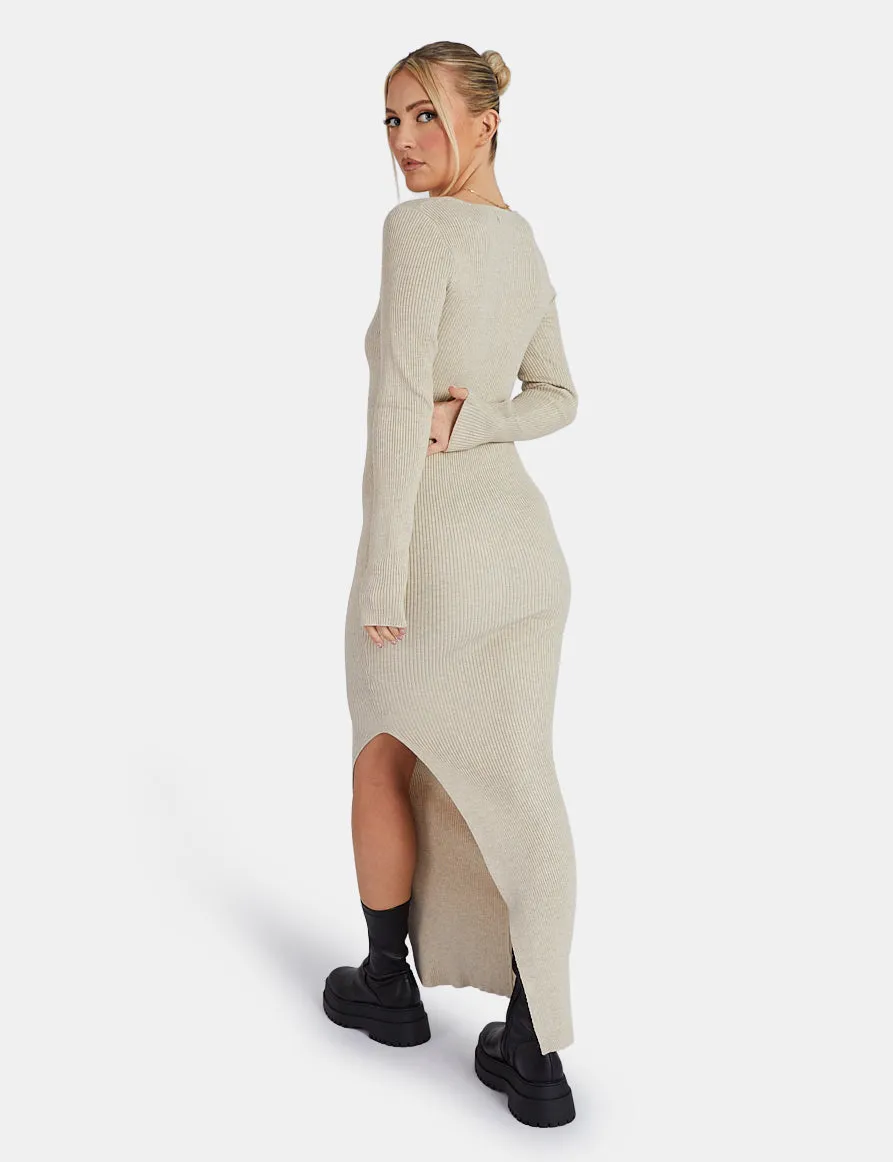 Knitted Off Shoulder Midi Dress Oatmeal Marl