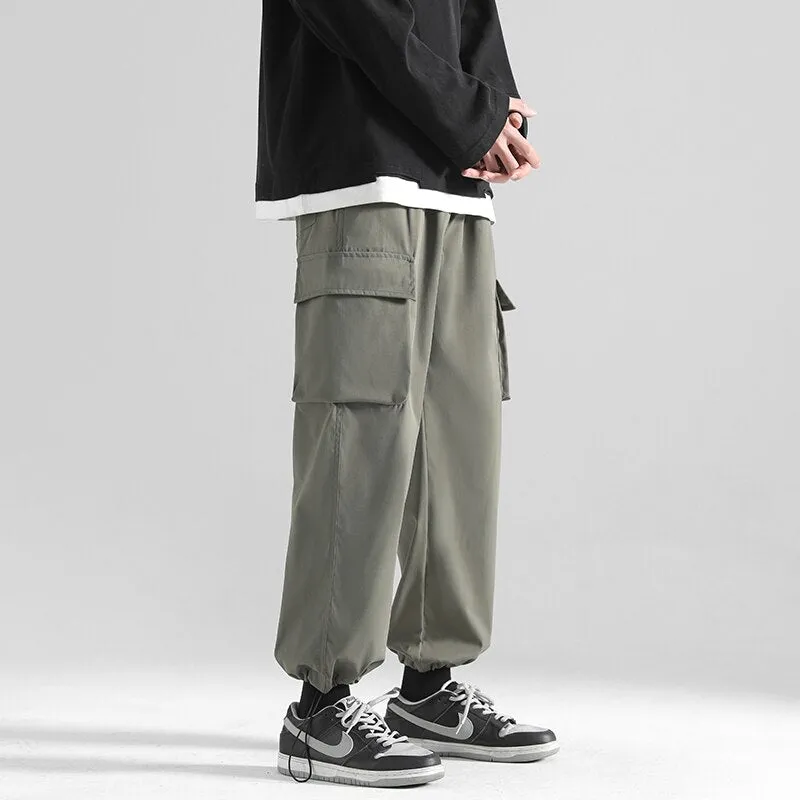 Large Size Men Cargo Pants Hip Hop Solid Multi Pocket Casual Drawstring Trousers Fashion Brand Male Bottoms 5XL