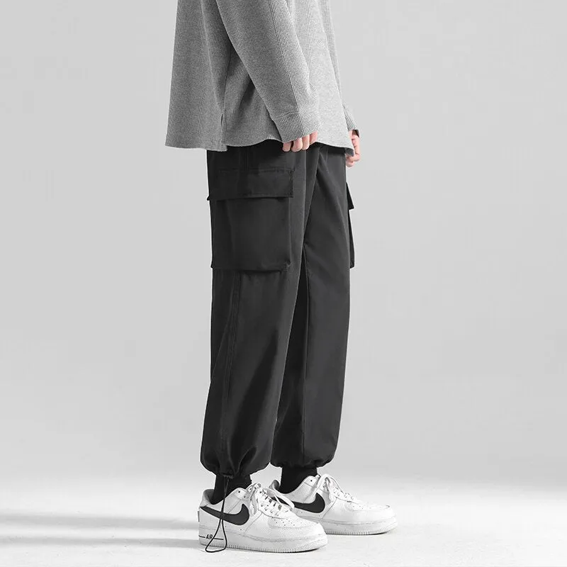 Large Size Men Cargo Pants Hip Hop Solid Multi Pocket Casual Drawstring Trousers Fashion Brand Male Bottoms 5XL