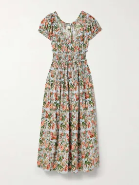 Leanne shirred floral-print cotton-voile midi dress