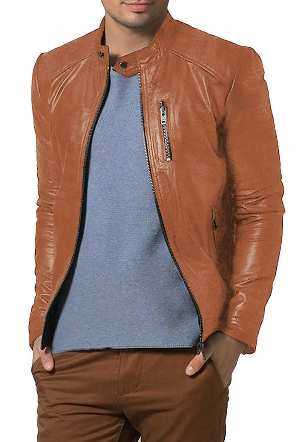 Leather Jackets Hub Mens Genuine Lambskin Leather Jacket (Black, Racer Jacket) - 1501193