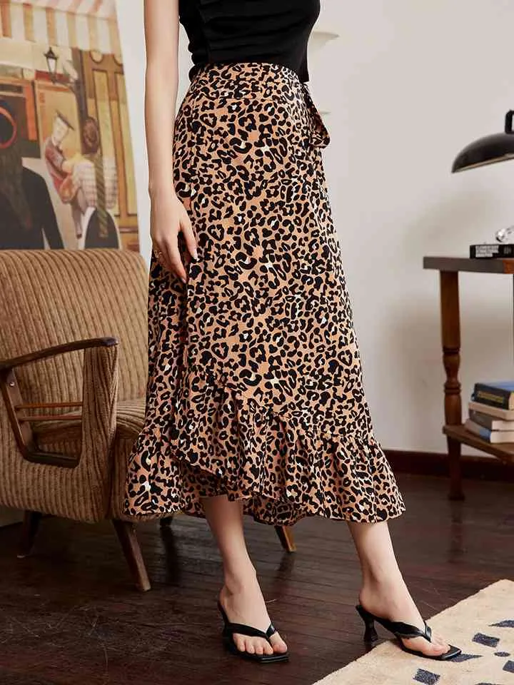 Leopard Ruffle Hem Midi Skirt