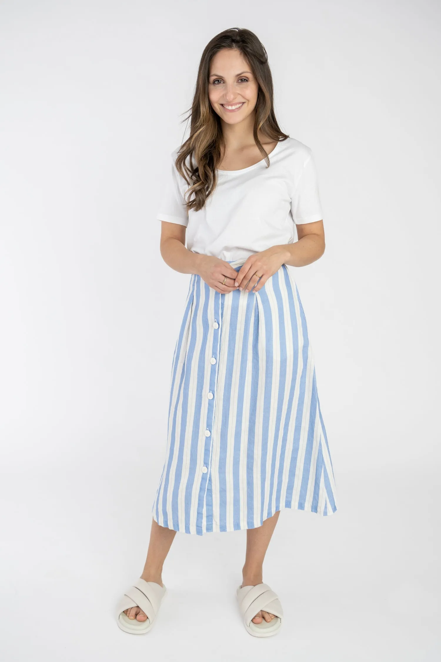 Linen Striped Midi Skirt