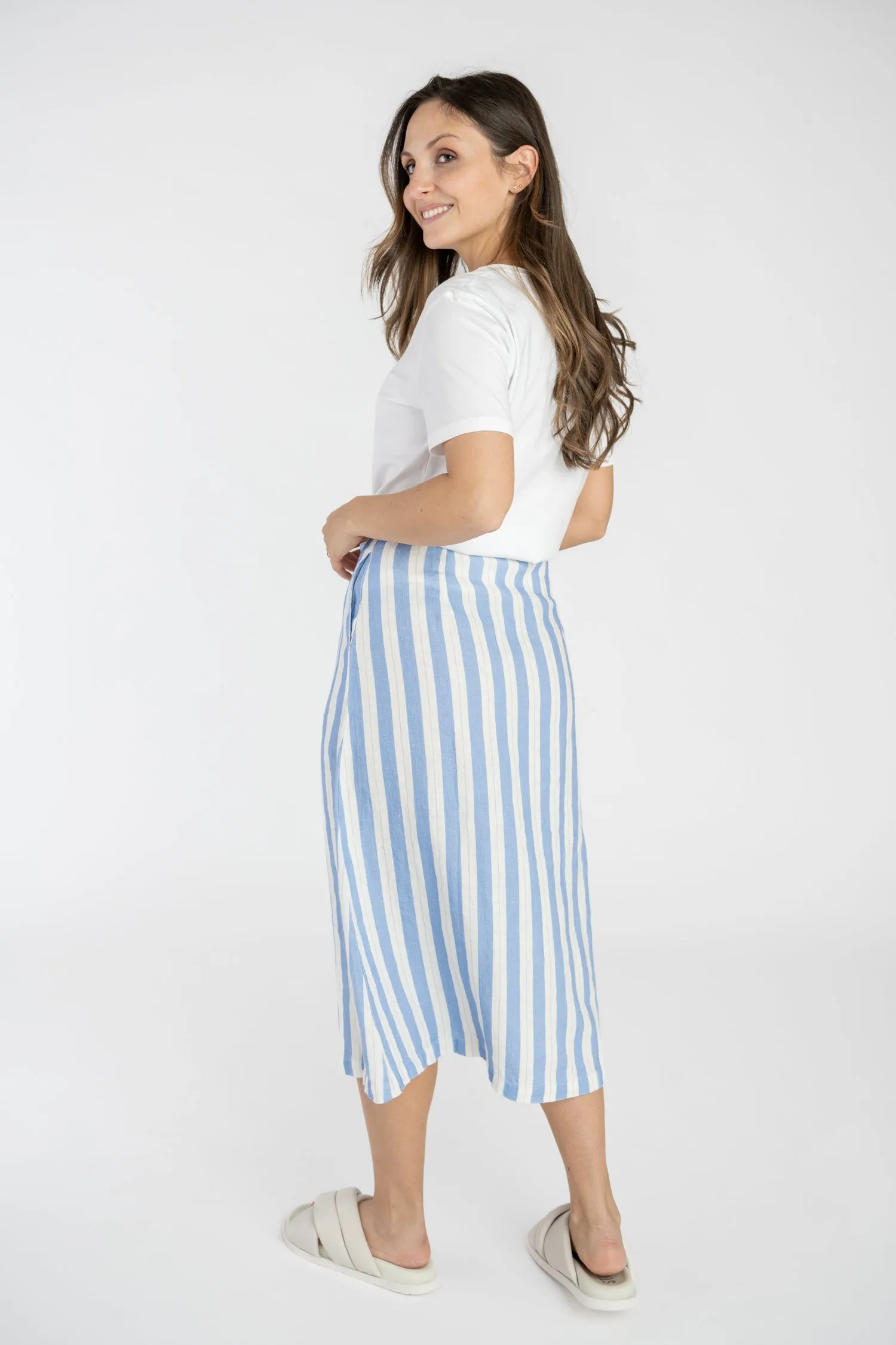 Linen Striped Midi Skirt