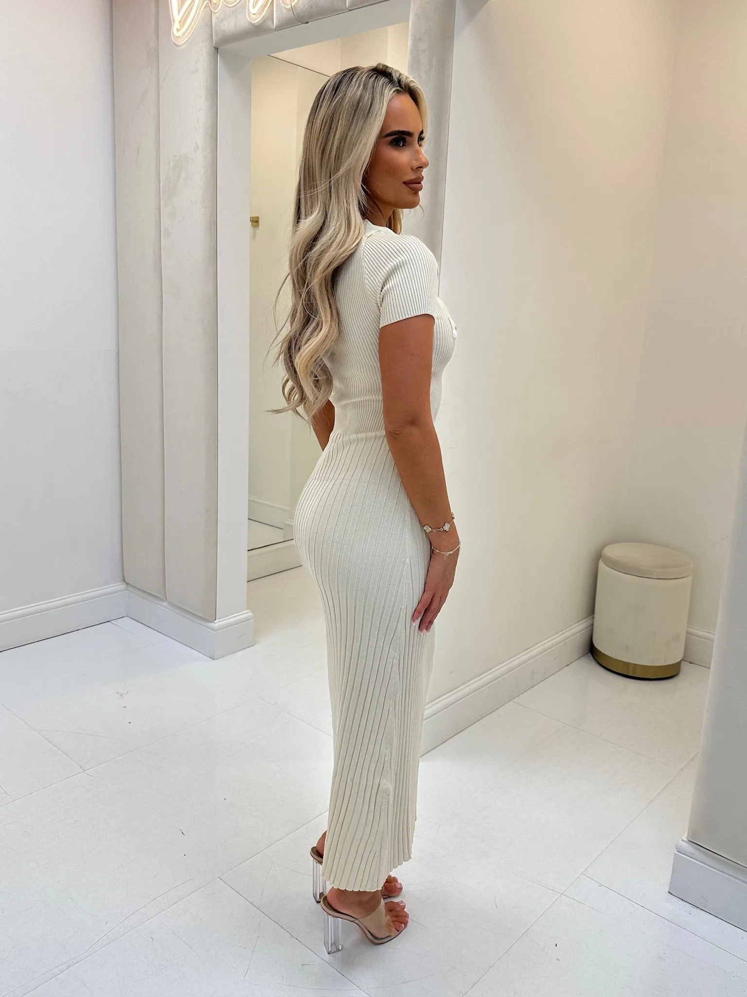 Louisa beige gold button midi dress