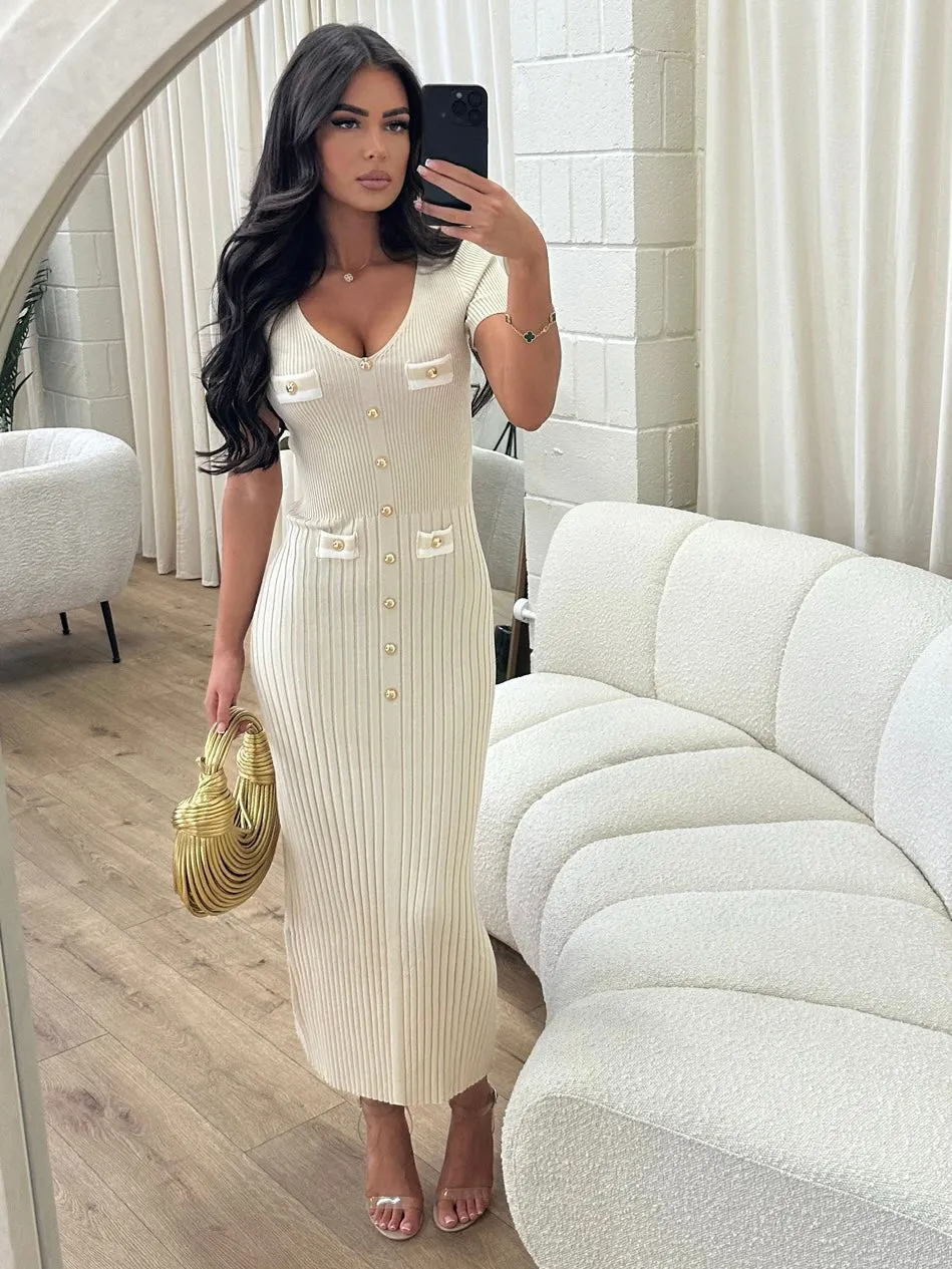 Louisa beige gold button midi dress