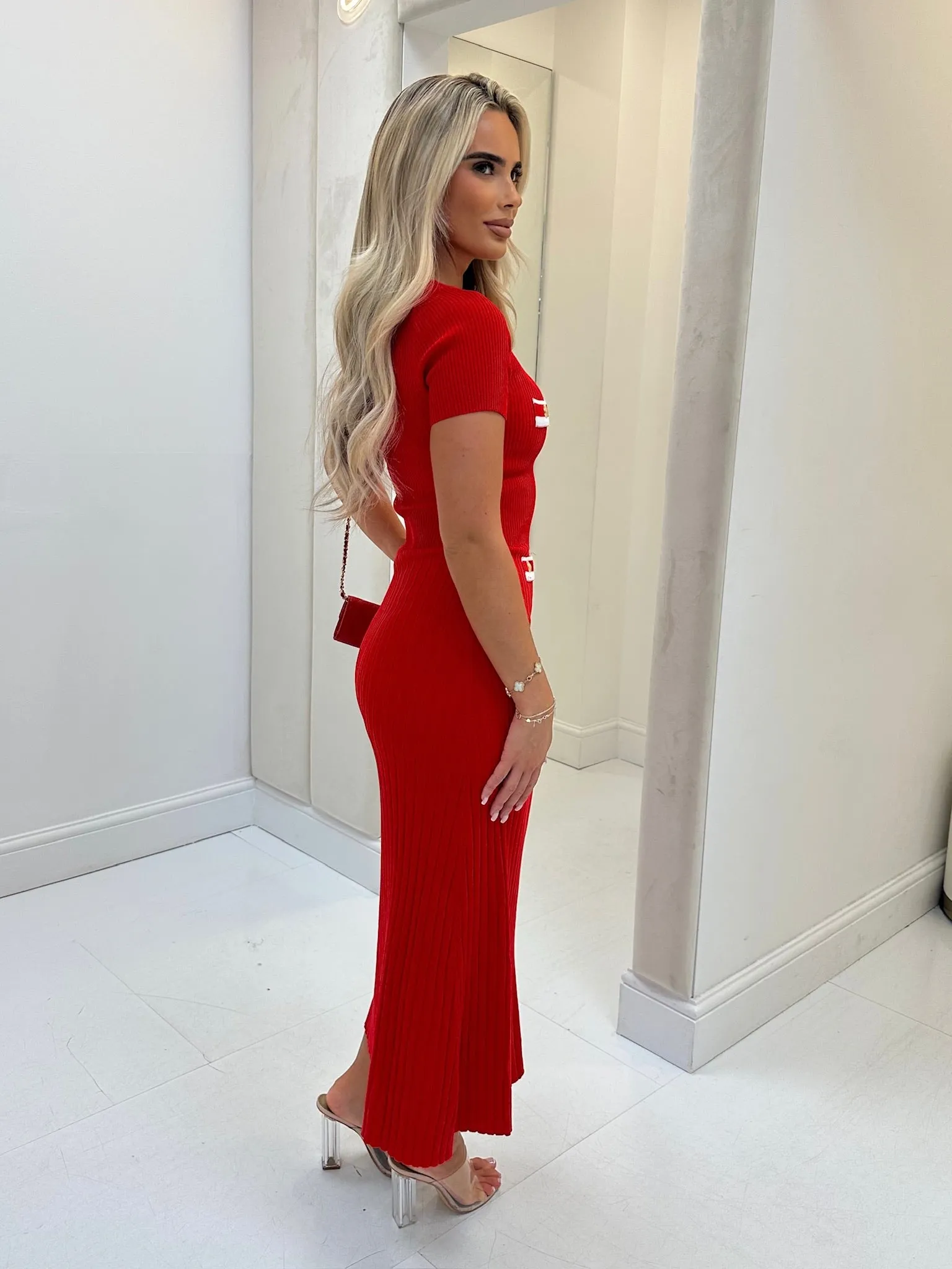 Louisa red gold button midi dress