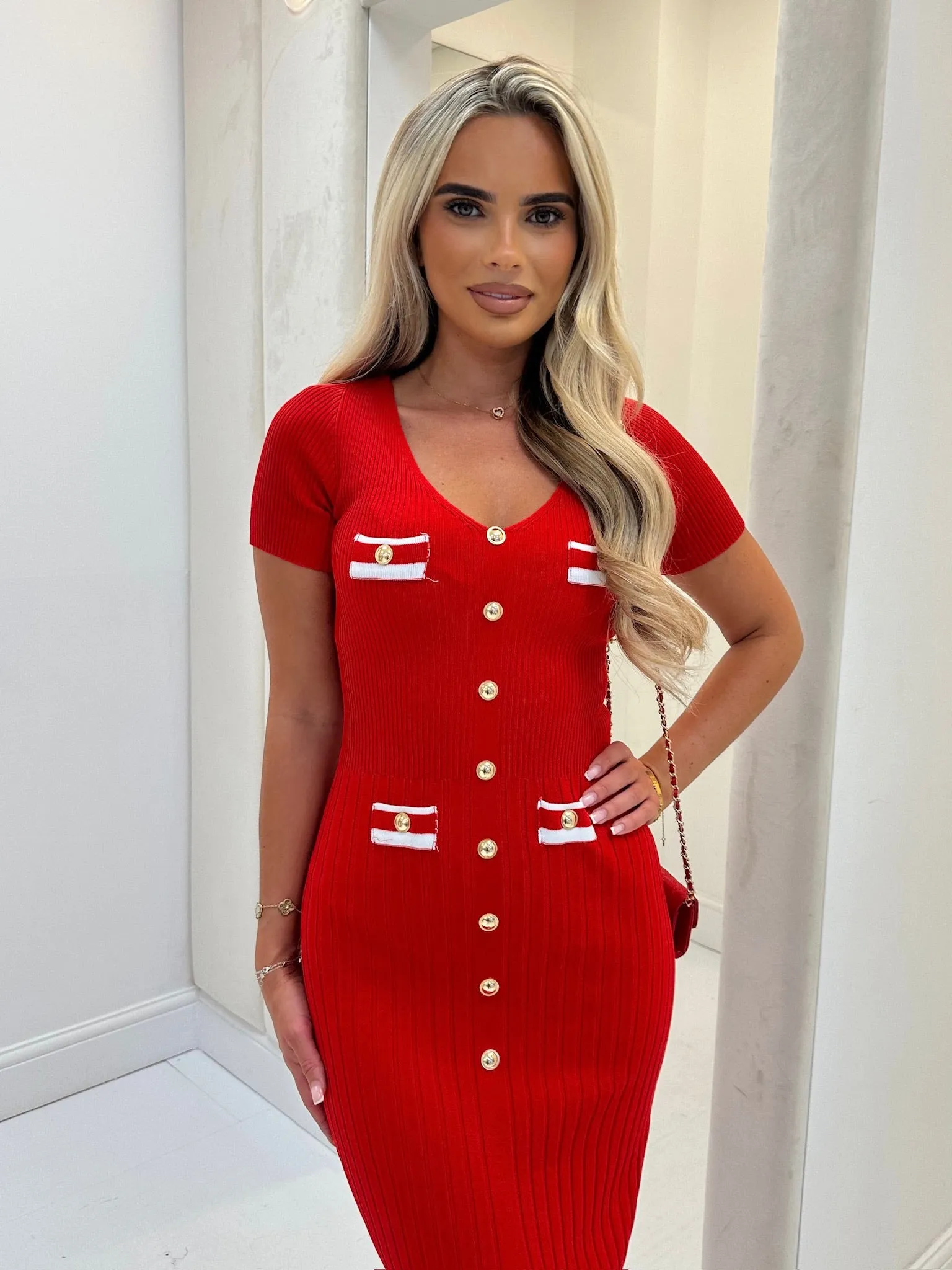 Louisa red gold button midi dress