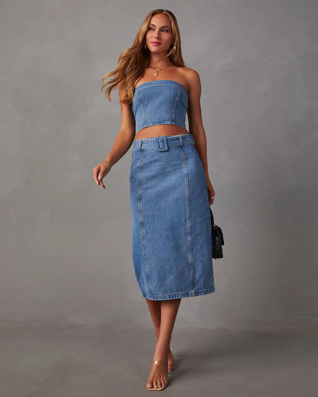Marie Belted Denim Midi Skirt