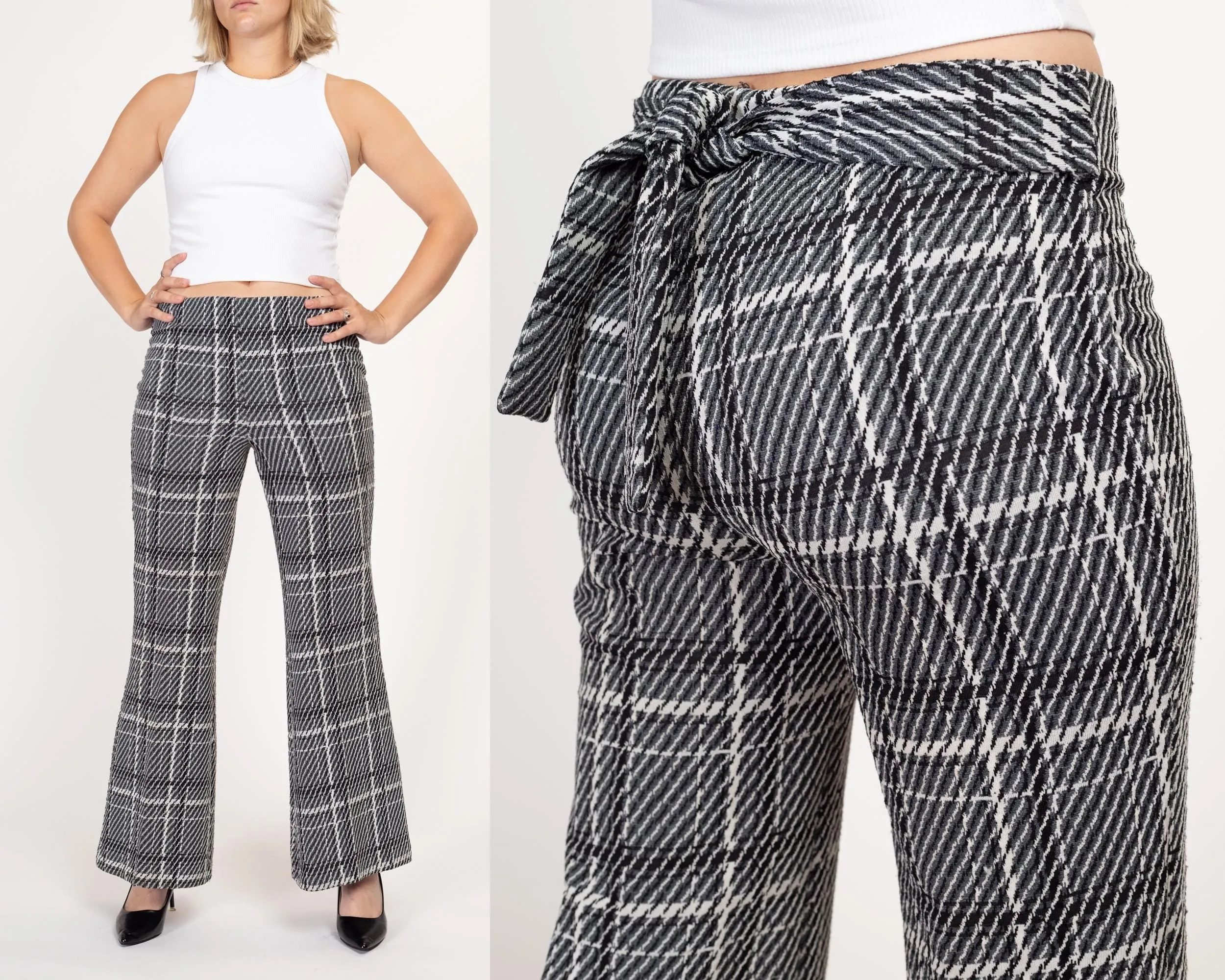 Medium 70s Black & White Plaid Flared Pants