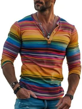 Men's Fashion Multicolor Stripe Print Long Sleeve Henley T-Shirt