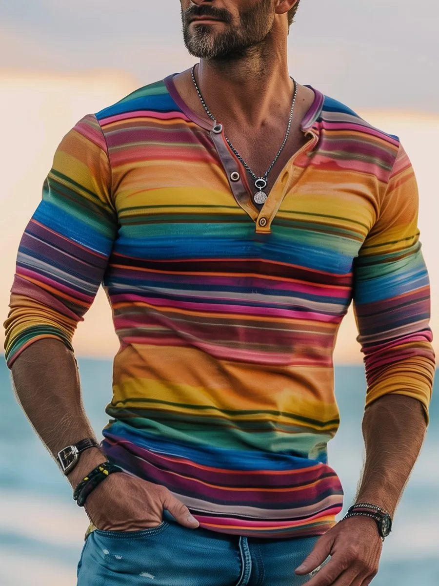 Men's Fashion Multicolor Stripe Print Long Sleeve Henley T-Shirt