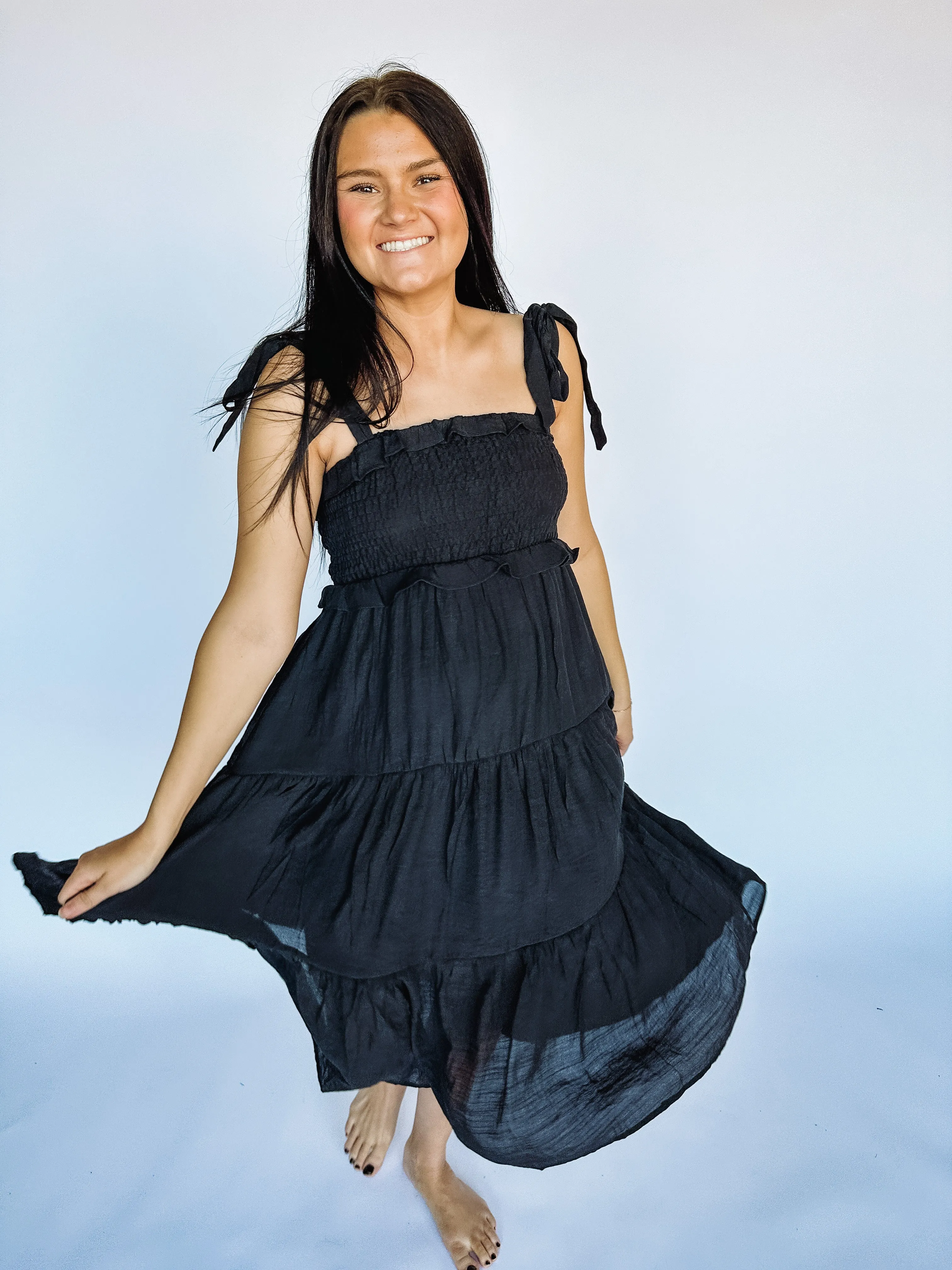 Midnight Mirage Ruffle Midi Dress
