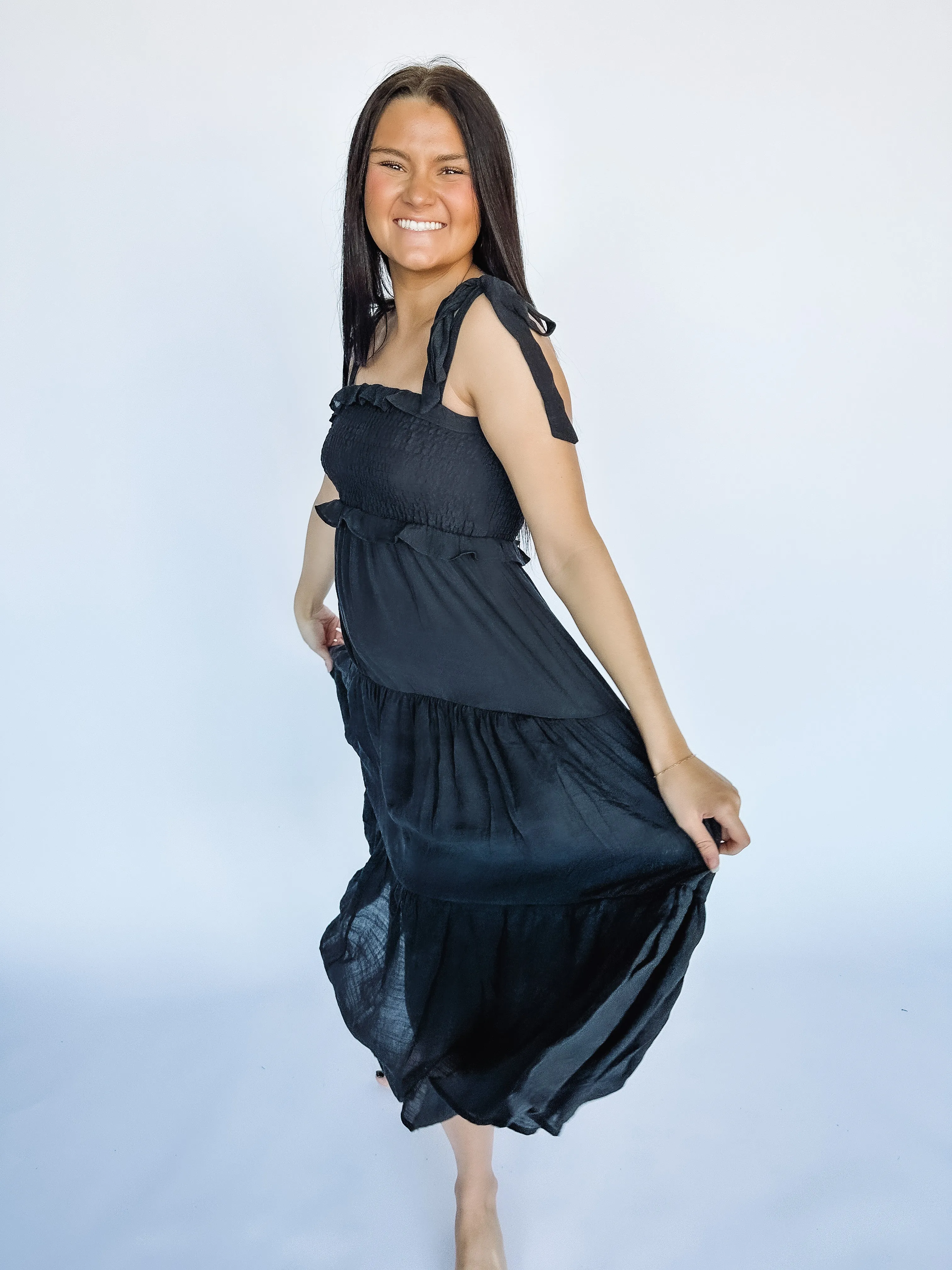 Midnight Mirage Ruffle Midi Dress