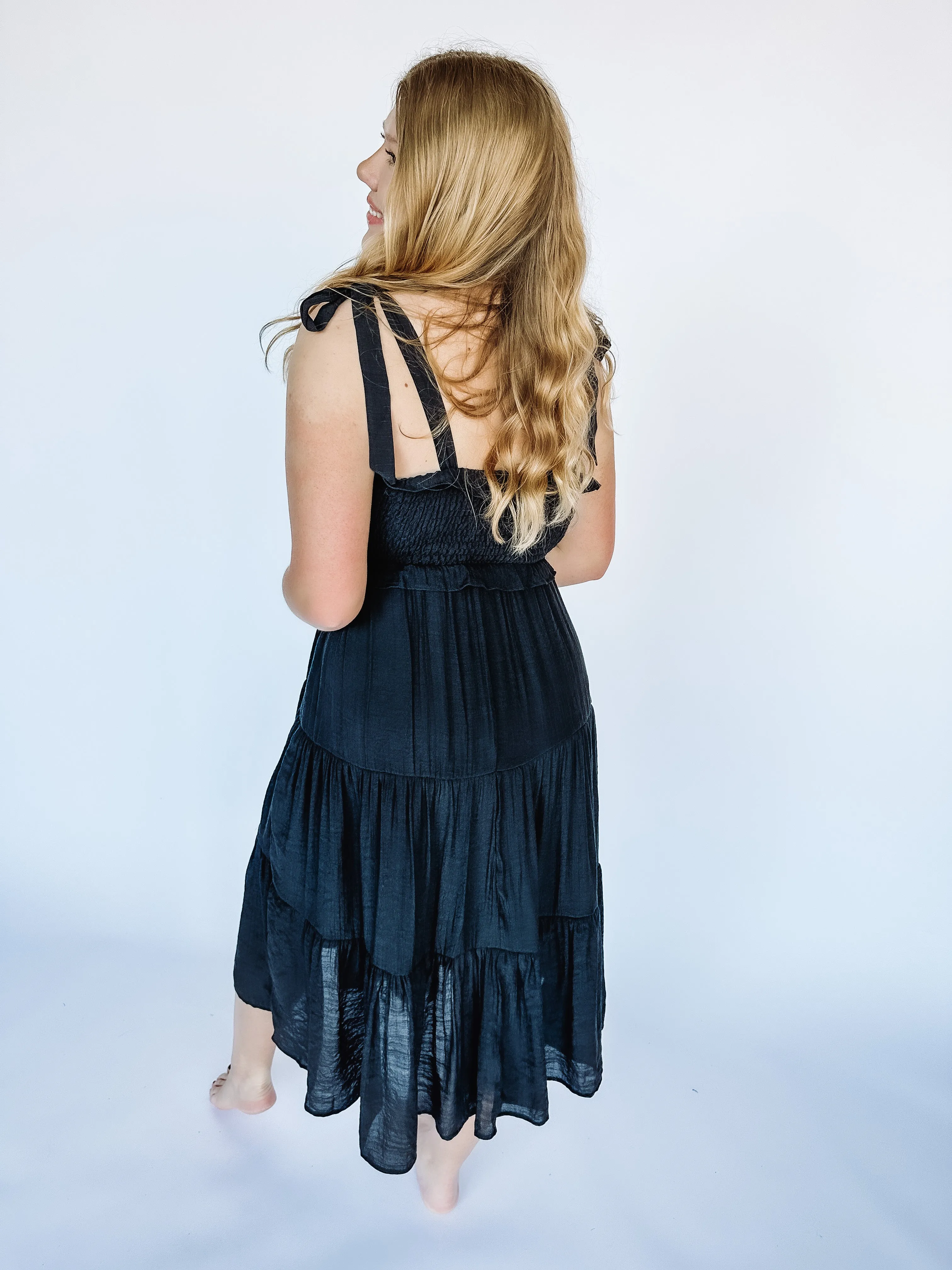 Midnight Mirage Ruffle Midi Dress