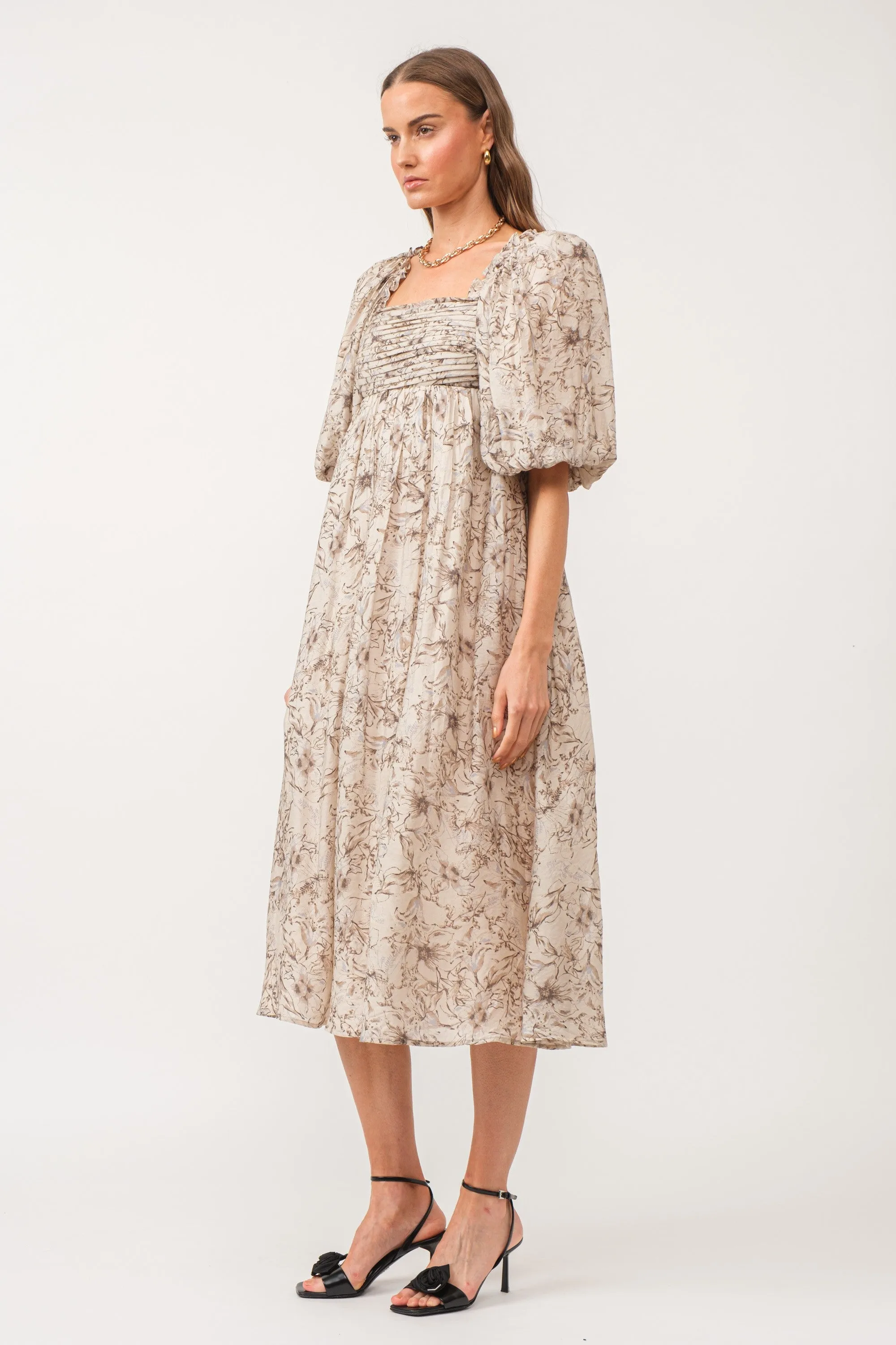 Mona Floral Midi Dress Natural