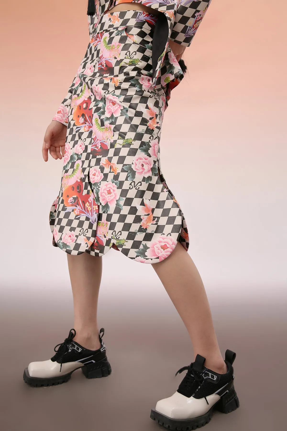 Mukzin | Floral Gingham Slit Midi Skirt