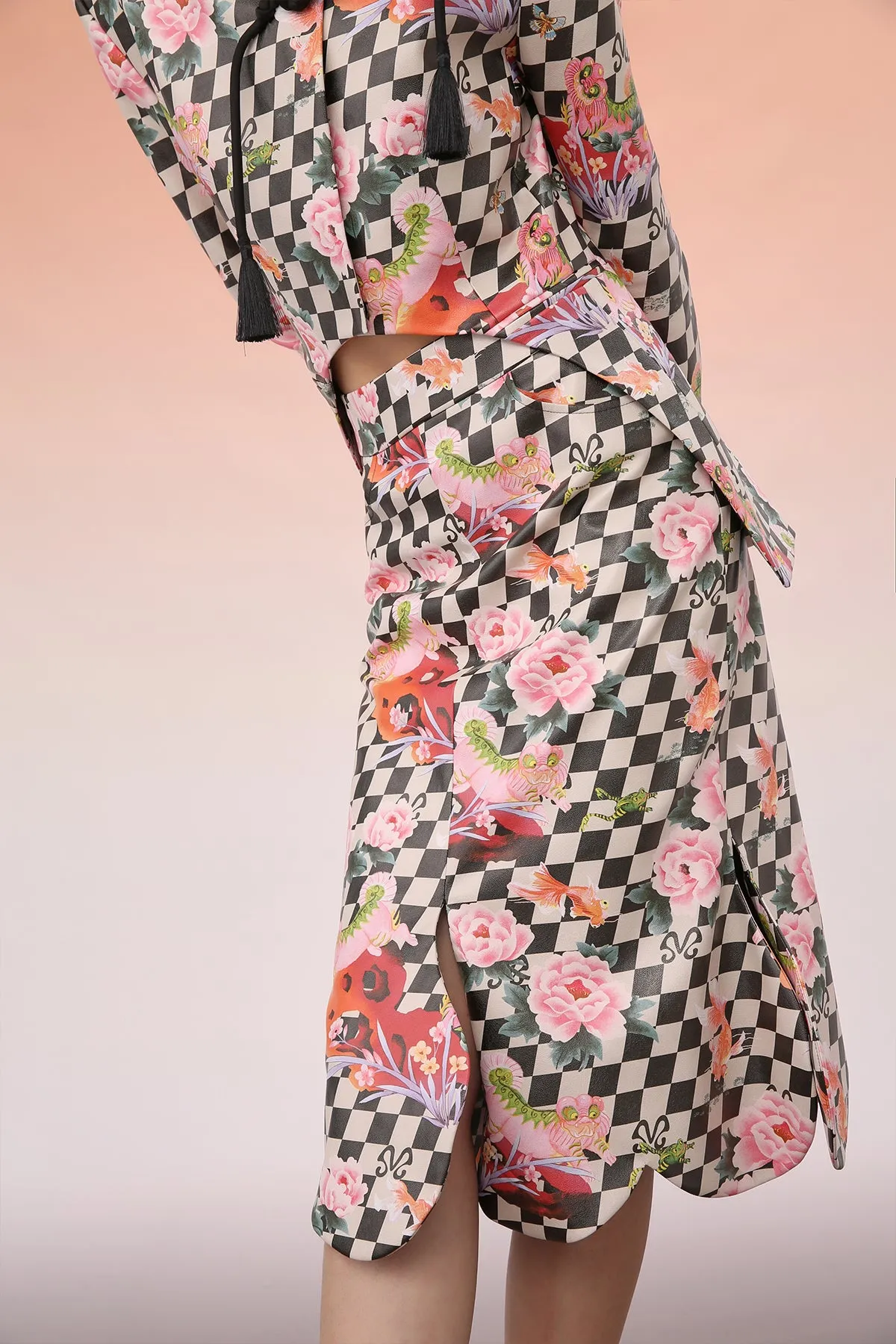 Mukzin | Floral Gingham Slit Midi Skirt