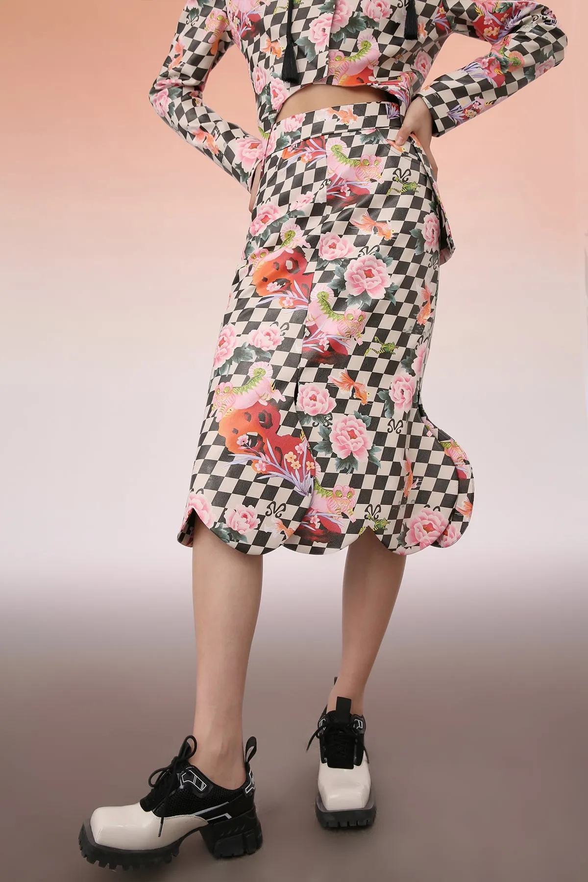 Mukzin | Floral Gingham Slit Midi Skirt