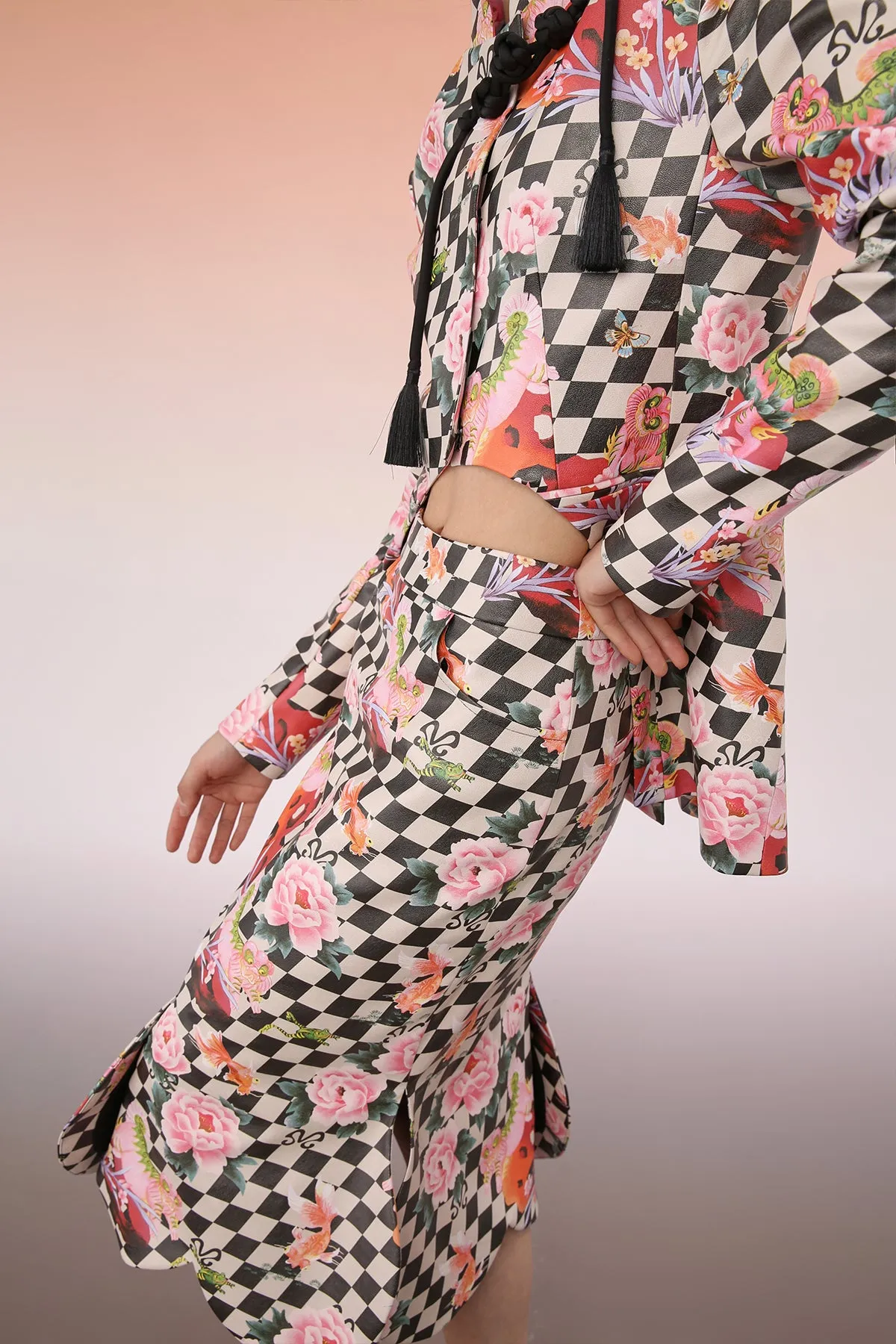 Mukzin | Floral Gingham Slit Midi Skirt