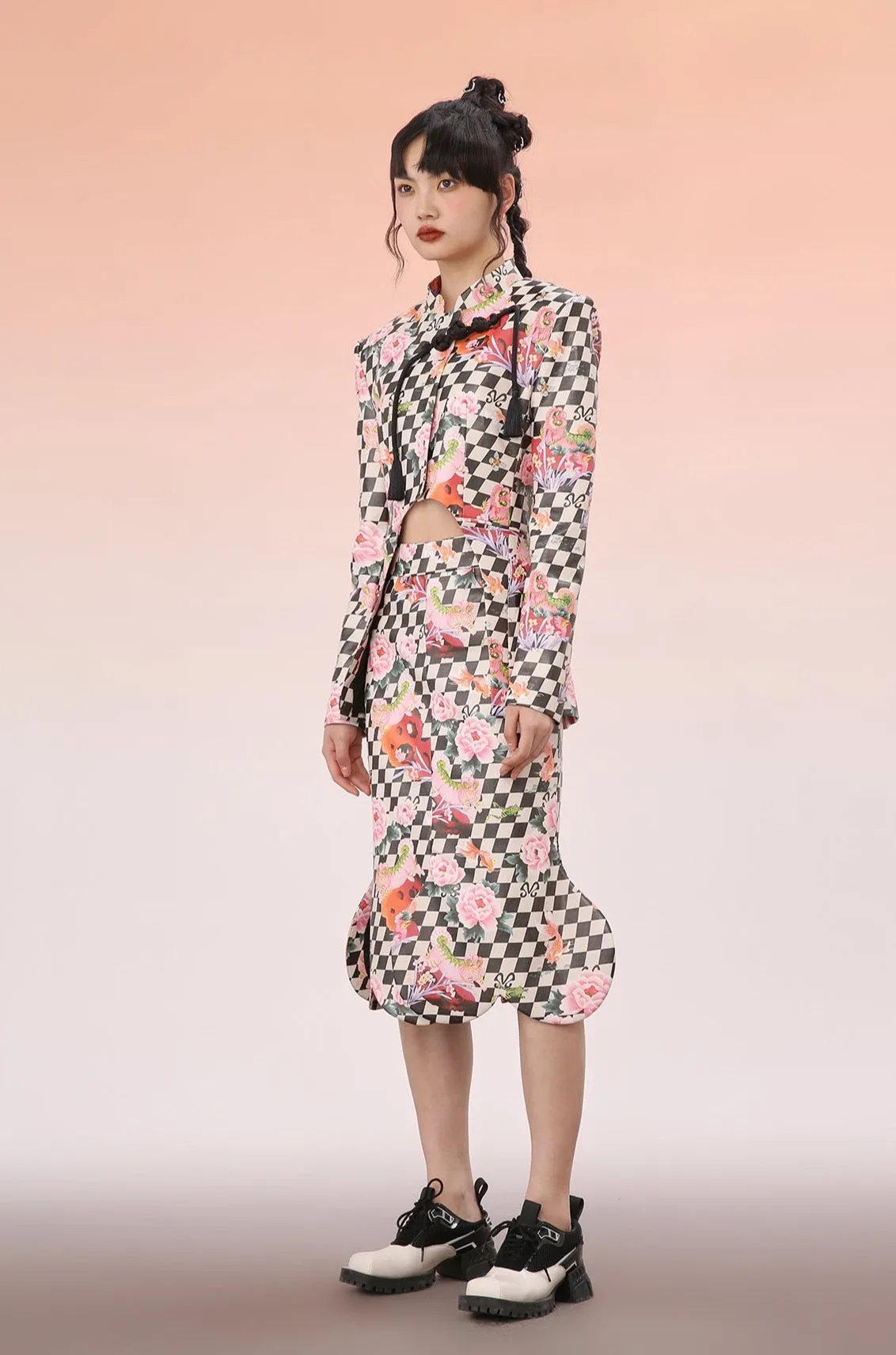 Mukzin | Floral Gingham Slit Midi Skirt