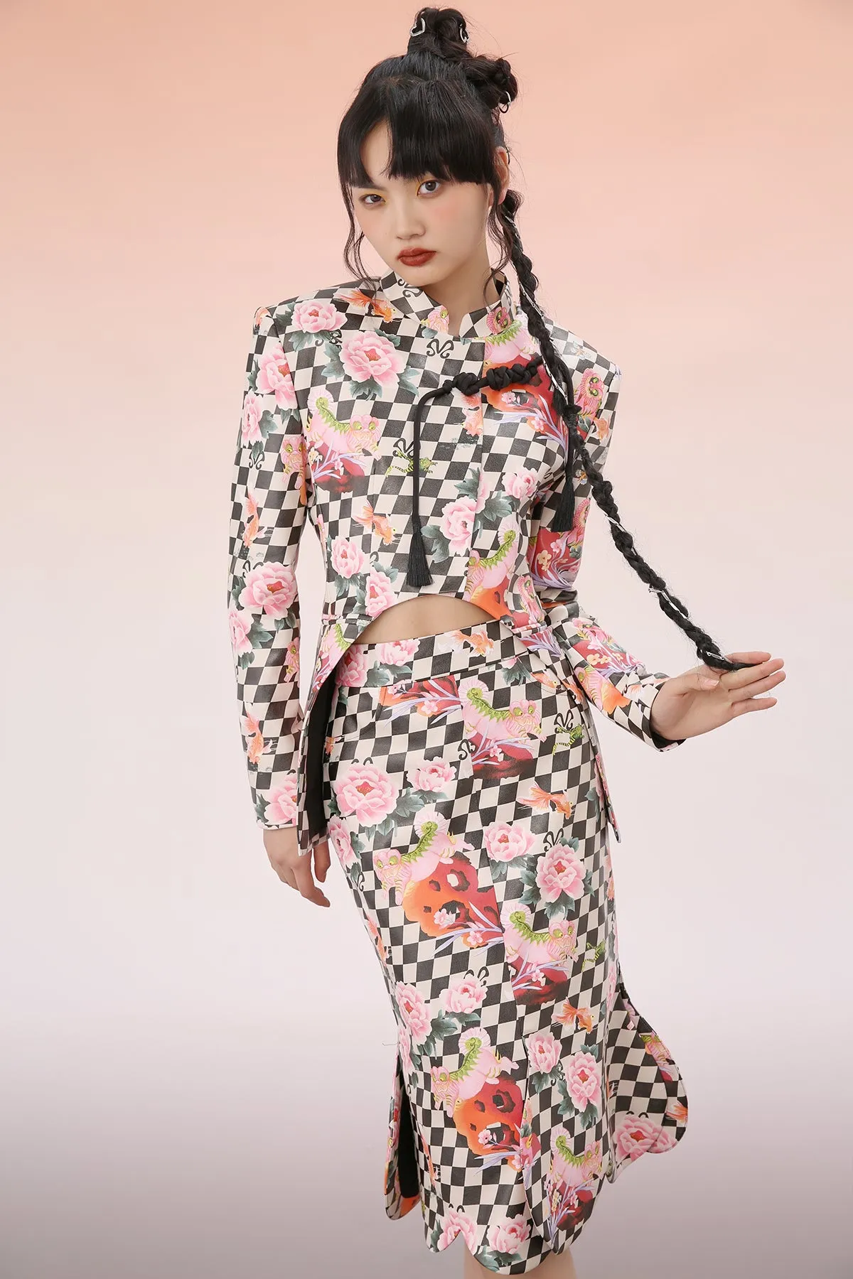 Mukzin | Floral Gingham Slit Midi Skirt