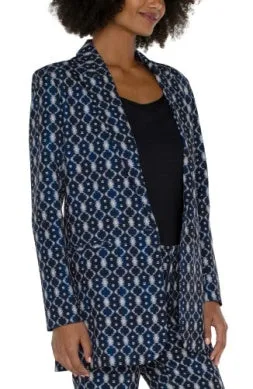 Navy Batik Button Front Boyfriend Blazer