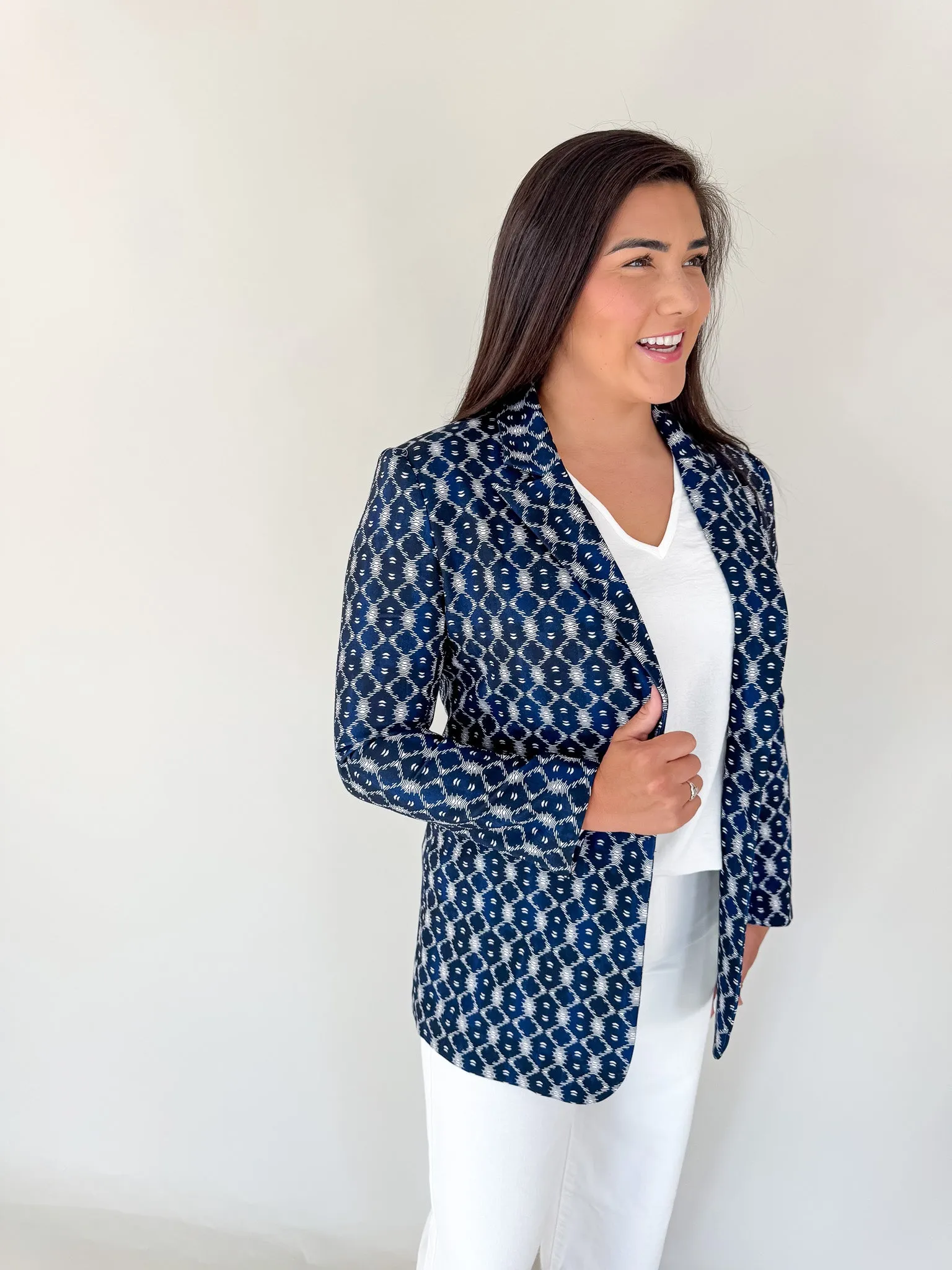 Navy Batik Button Front Boyfriend Blazer