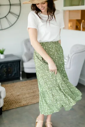 Olive Floral Tiered Midi Skirt