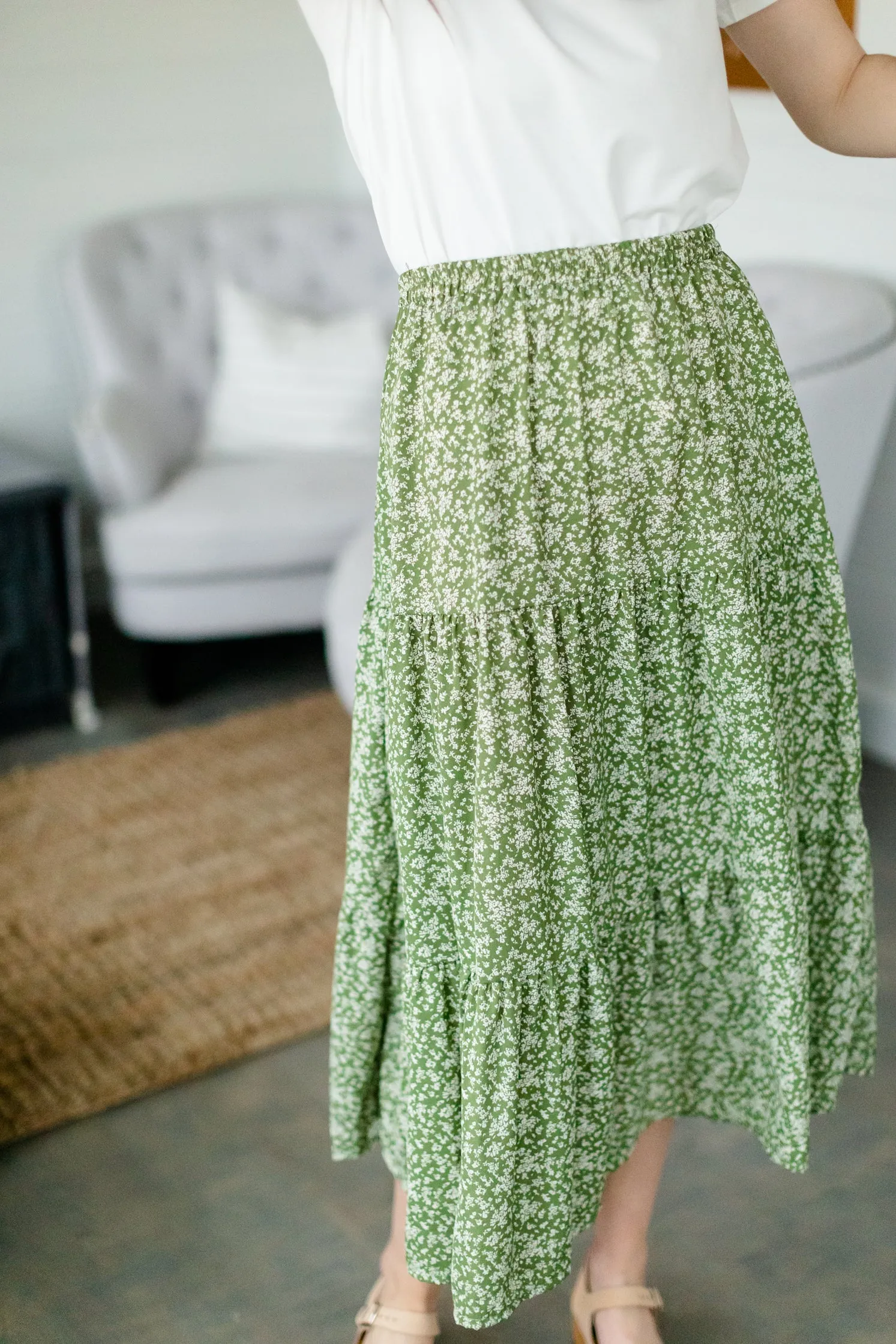 Olive Floral Tiered Midi Skirt