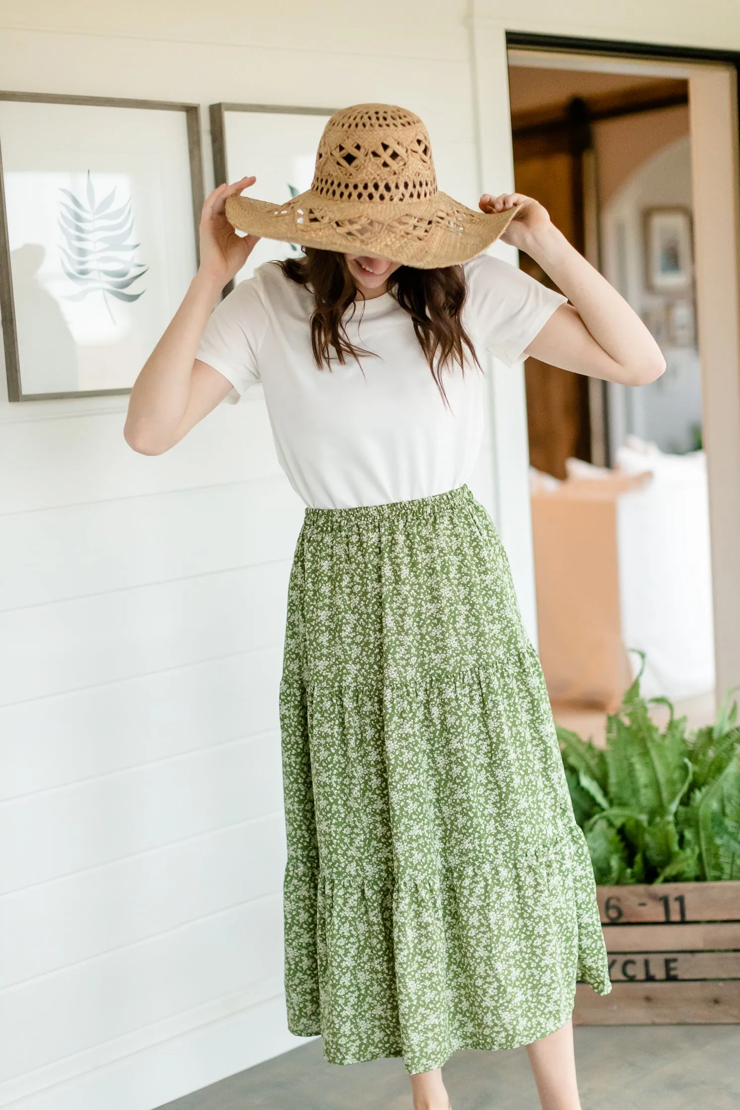 Olive Floral Tiered Midi Skirt