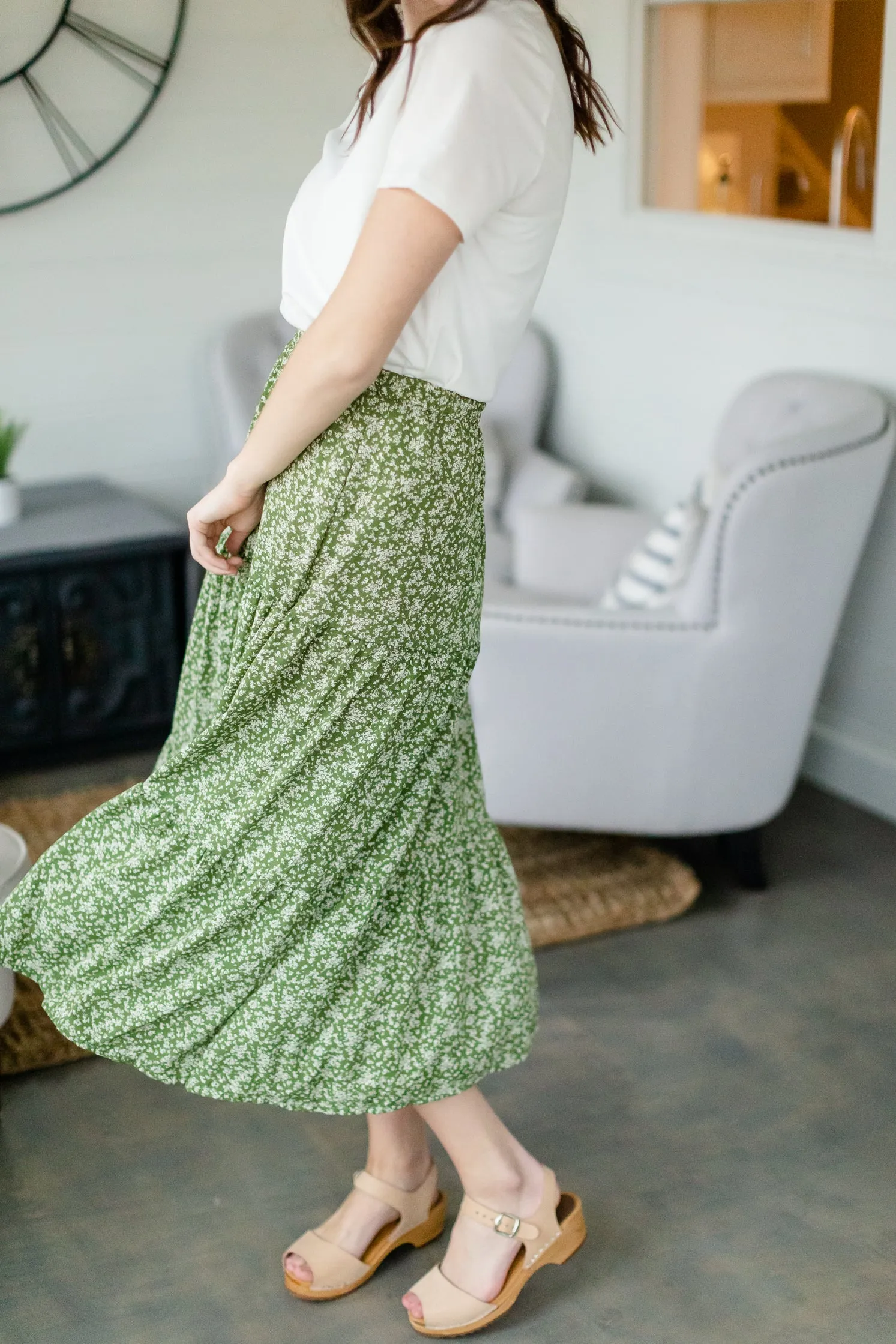 Olive Floral Tiered Midi Skirt