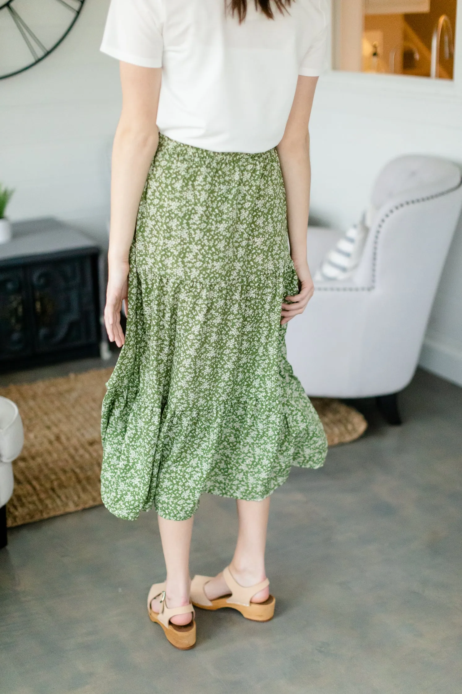 Olive Floral Tiered Midi Skirt