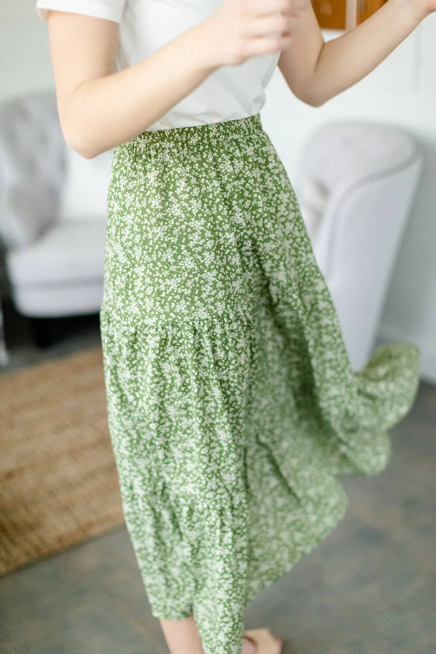 Olive Floral Tiered Midi Skirt