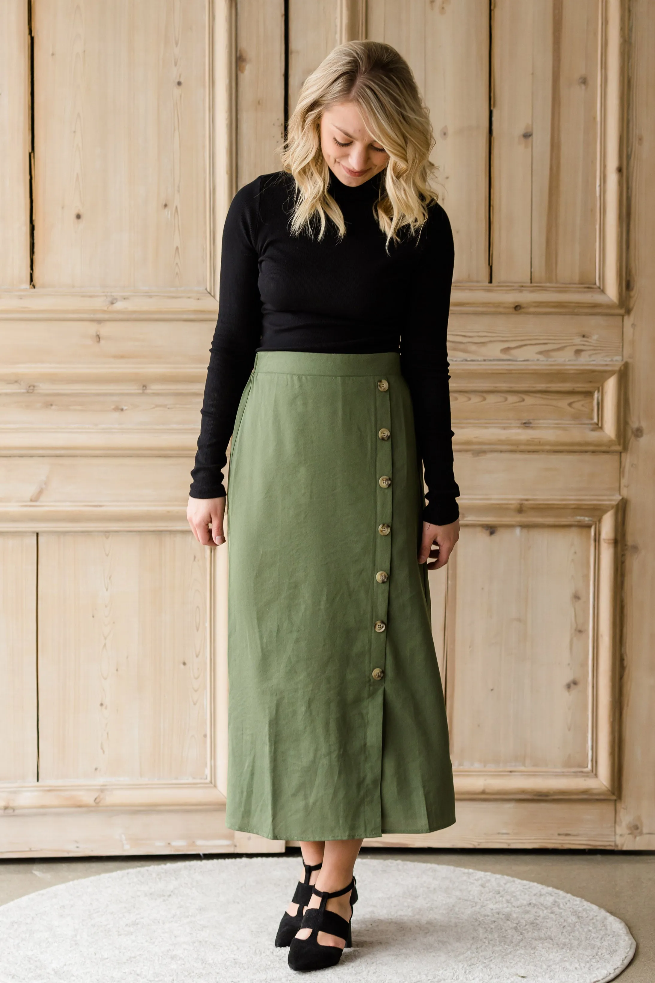 Olive Side Detail Midi Skirt - FINAL SALE