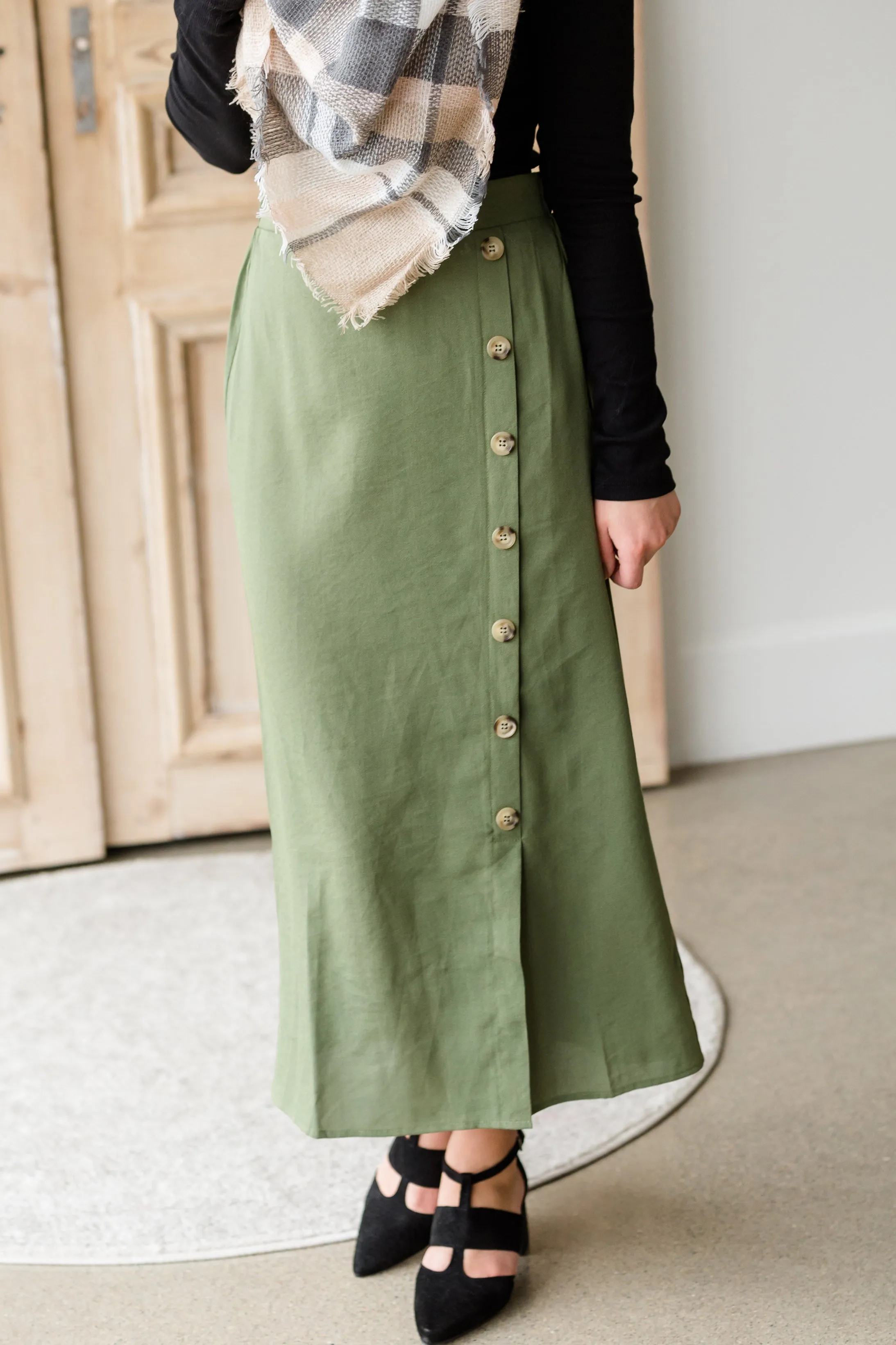 Olive Side Detail Midi Skirt - FINAL SALE