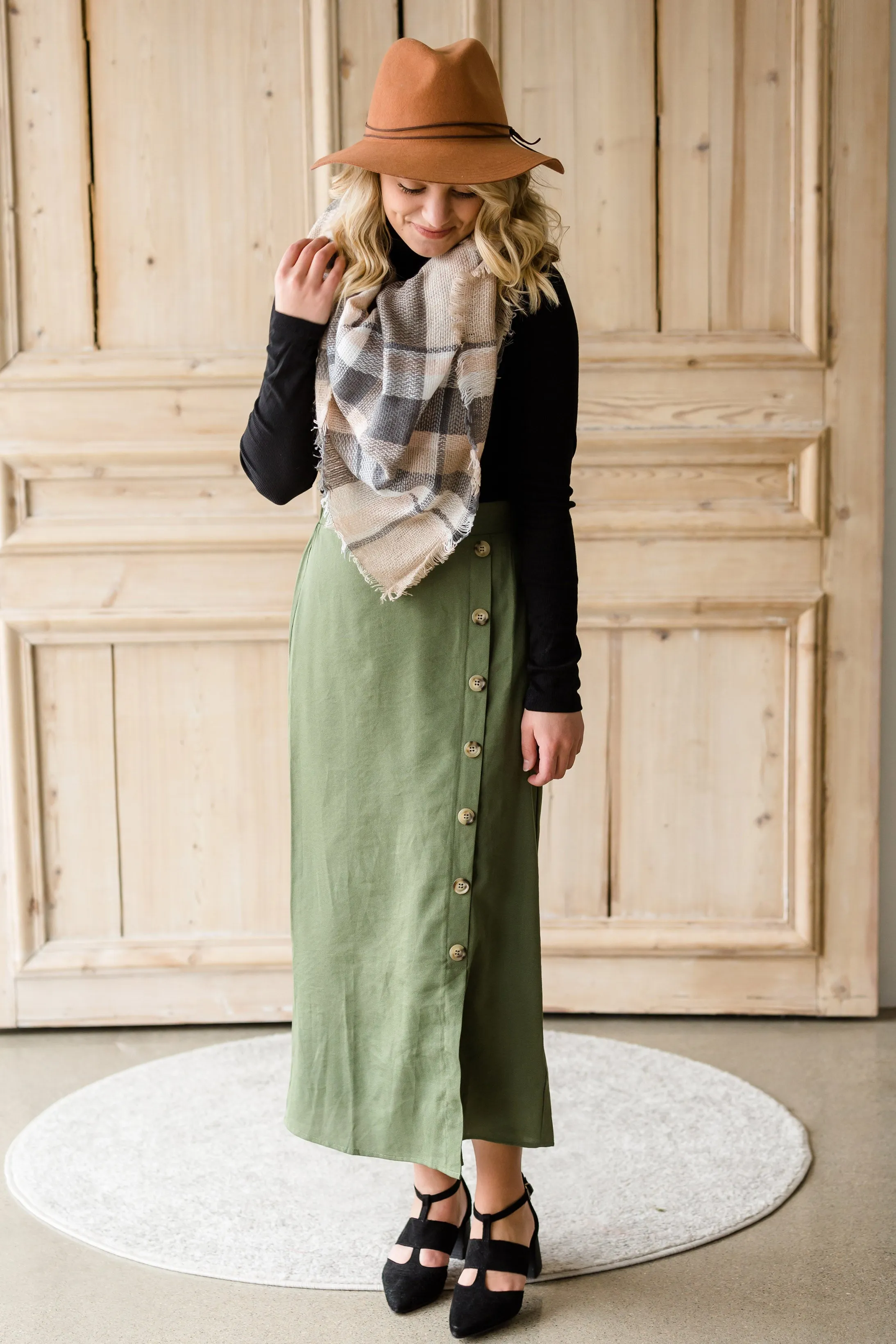 Olive Side Detail Midi Skirt - FINAL SALE